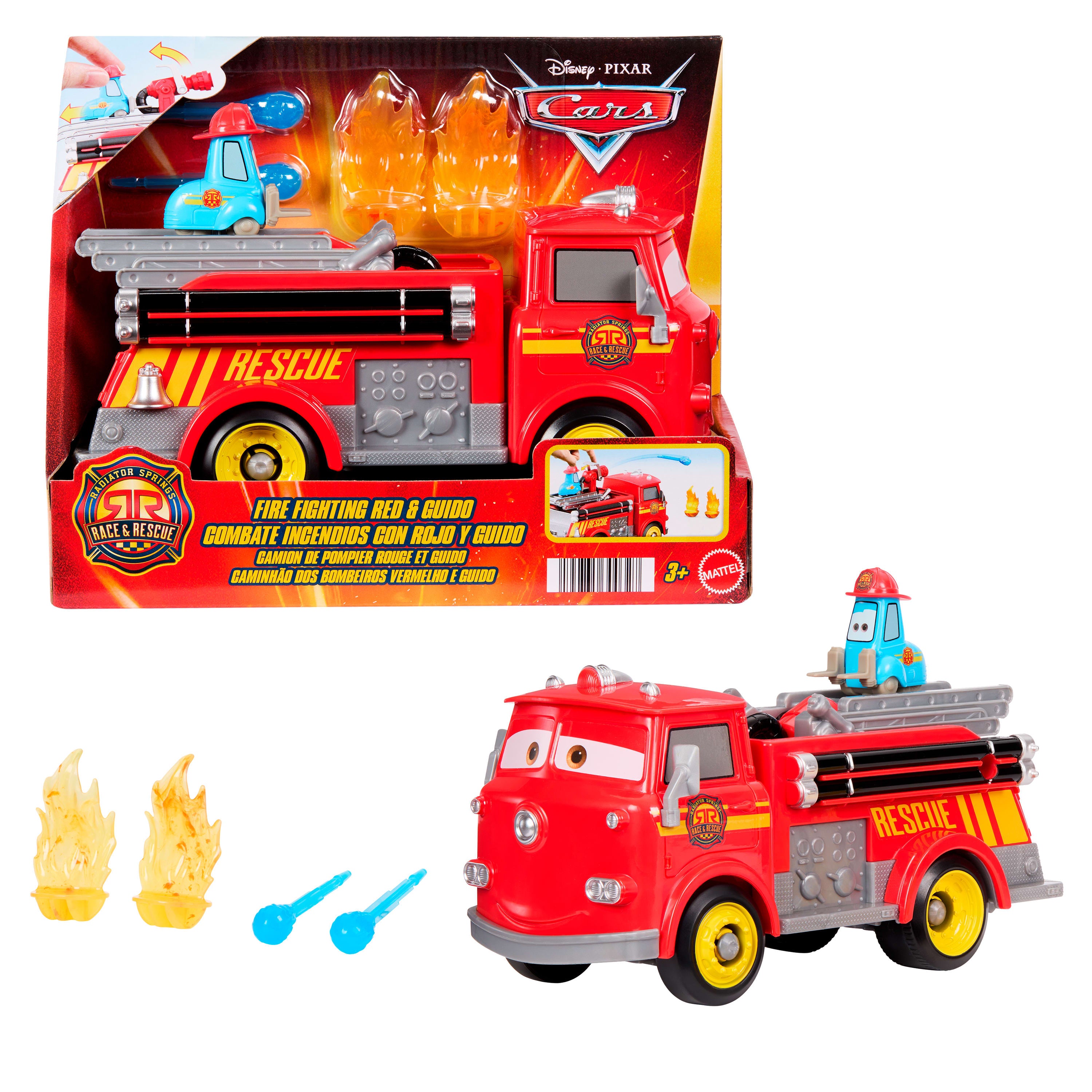Disney ve Pixar Cars Radyatör Kasabası Hızlı Kahramanlar İtfaiyeci Red ve Guido figürleri ile aksesuarlar