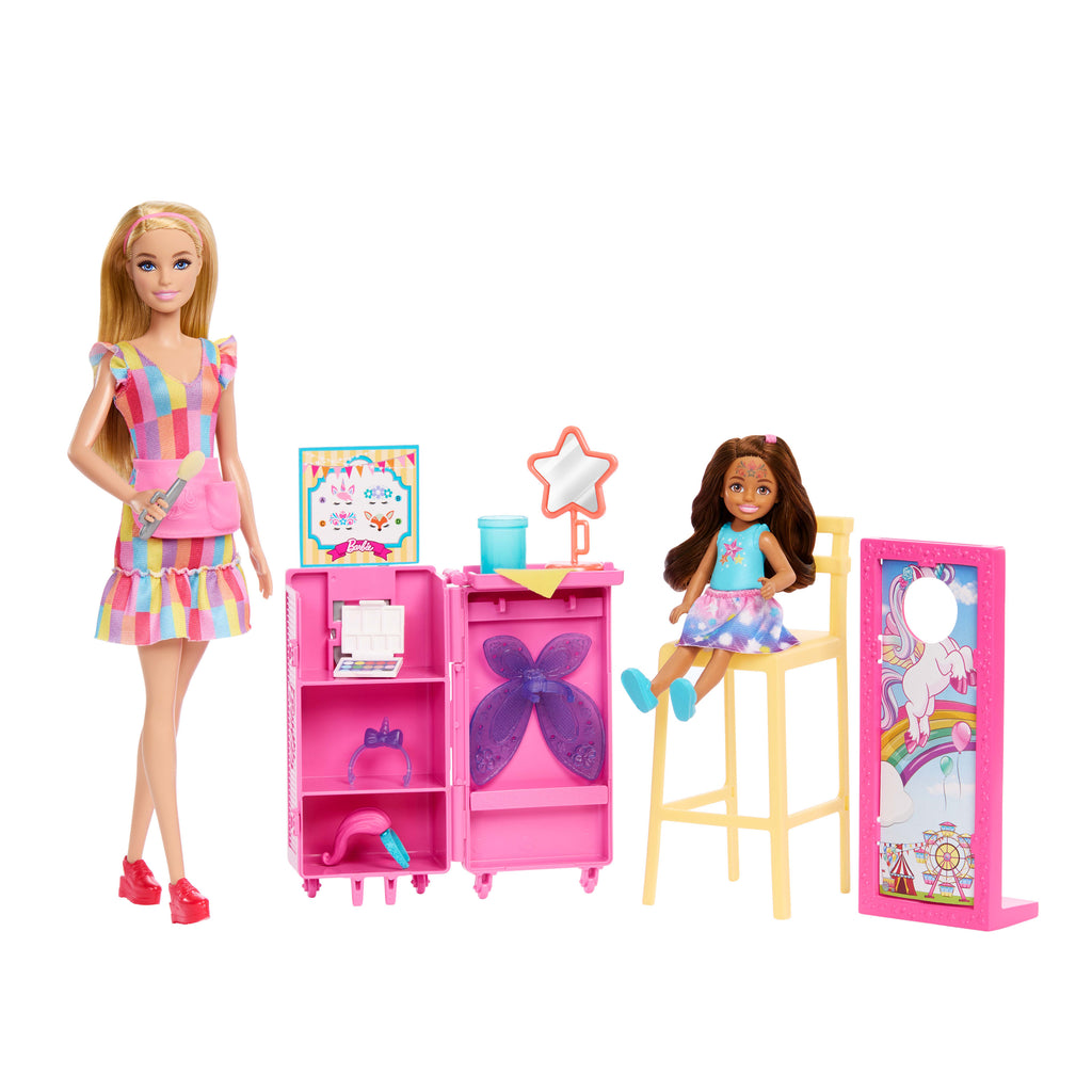 Barbie Panayırda oyun seti, yüz boyama ve fotoğraf standı, iki bebek ve aksesuarlar