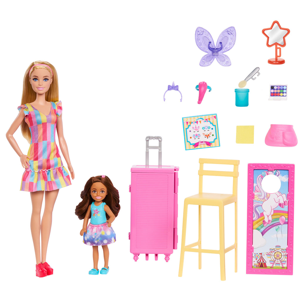 Barbie Panayırda oyun seti, yüz boyama ve fotoğraf standı, iki bebek ve aksesuarlar