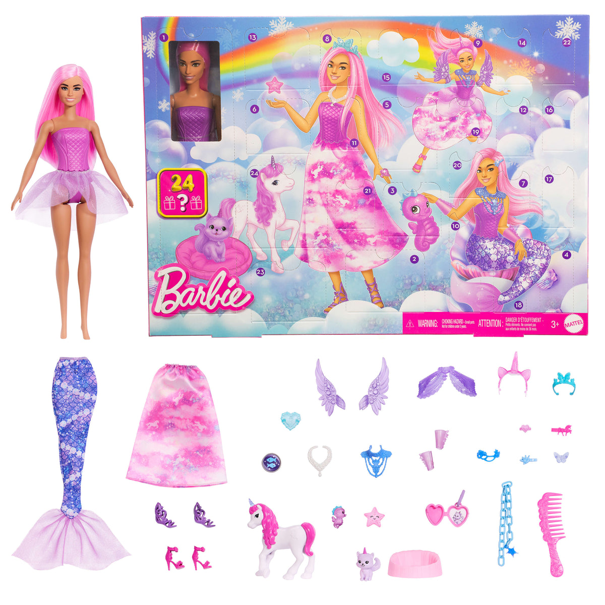 Barbie yılbaşı özel seti, bebek ve tek boynuzlu at gibi hayvan dostlar dahil 24 sürpriz oyuncak aksesuar