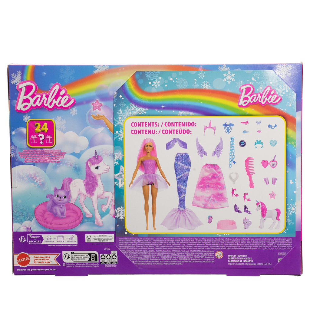 Barbie yılbaşı özel seti, bebek ve tek boynuzlu at gibi hayvan dostlar dahil 24 sürpriz oyuncak aksesuar