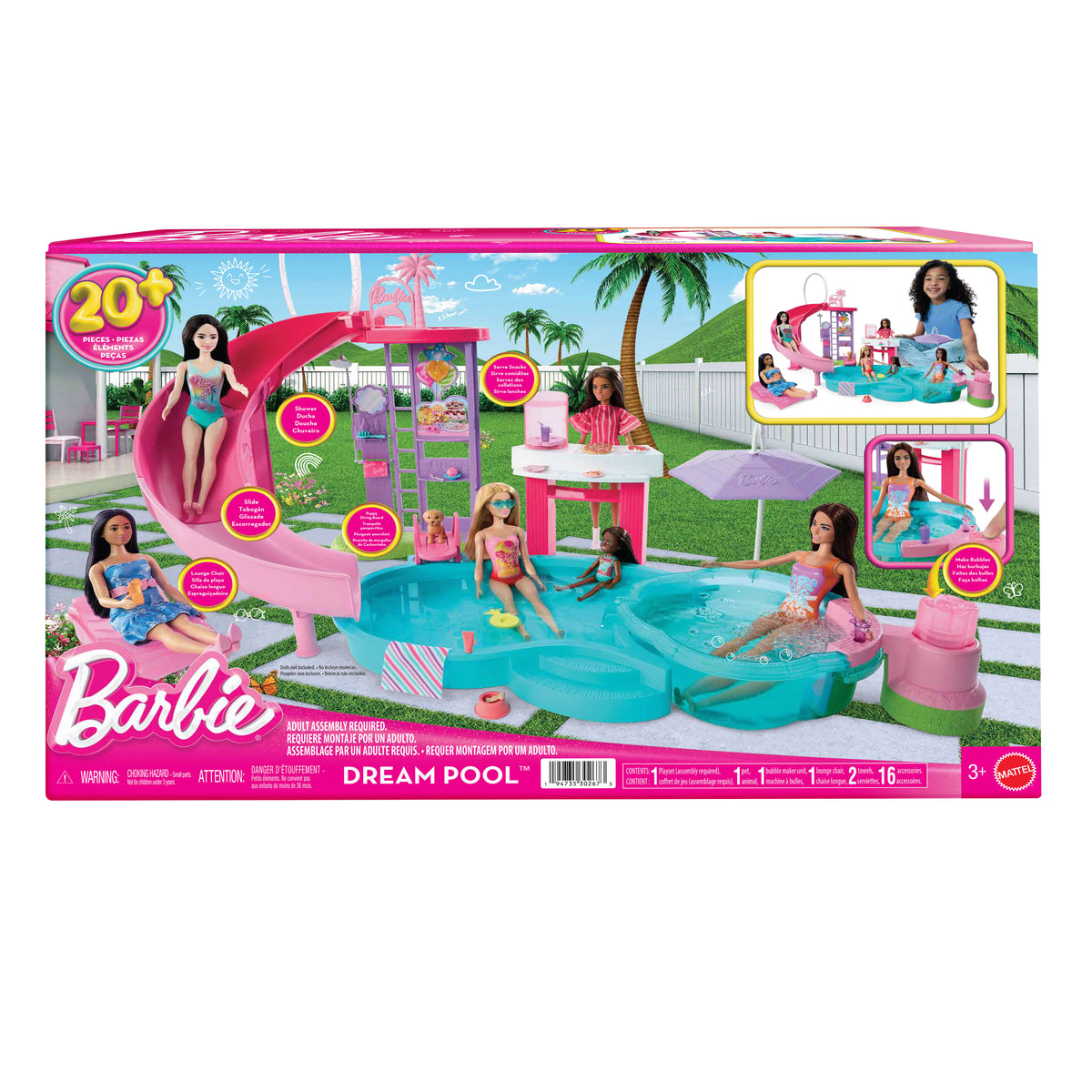 Kaydırak ve köpüren jakuzi, evcil hayvan figürü ve yüzer yatak dahil 20'den fazla aksesuarıyla Barbie'nin Rüya Havuzu oyun seti
