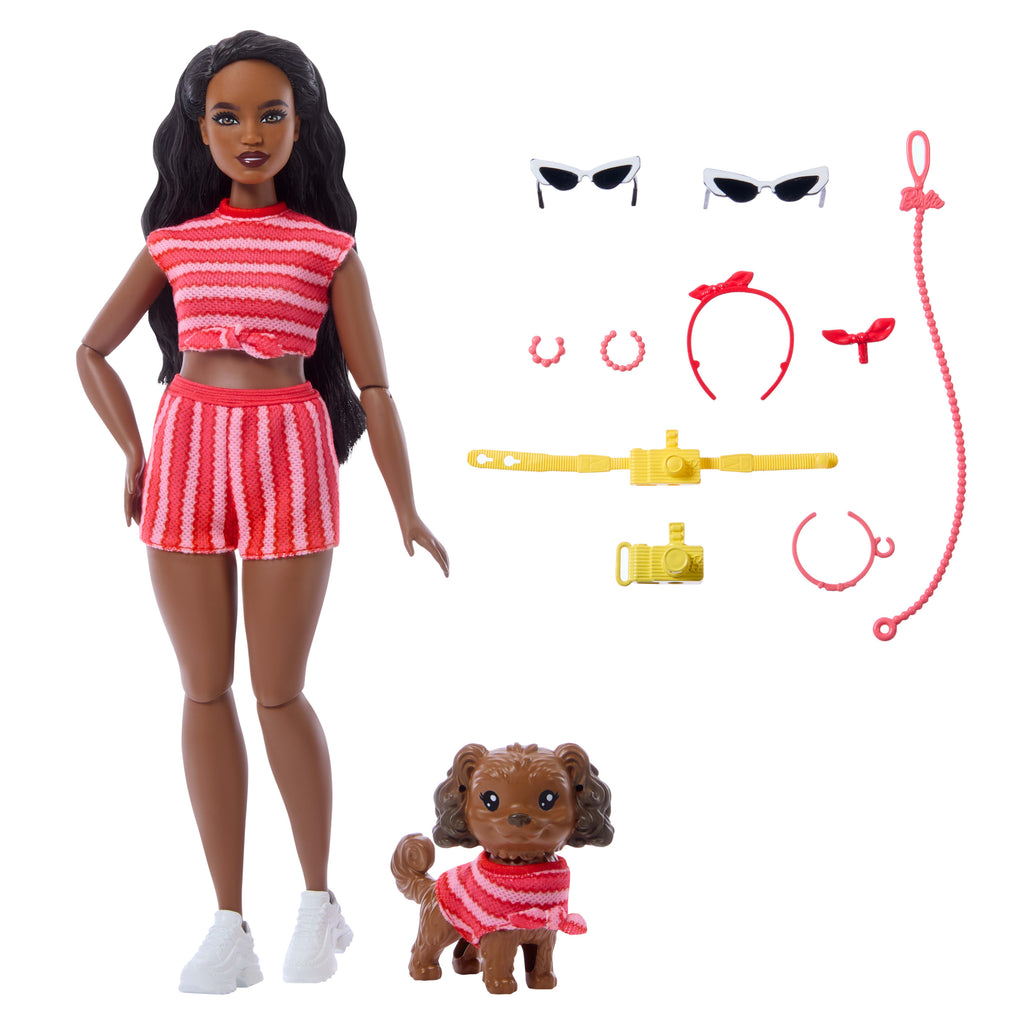 Uyumlu kırmızı kıyafetleri ve aksesuarlarıyla Barbie Uyumlu Dostlar siyah saçlı bebek ve köpekçiği