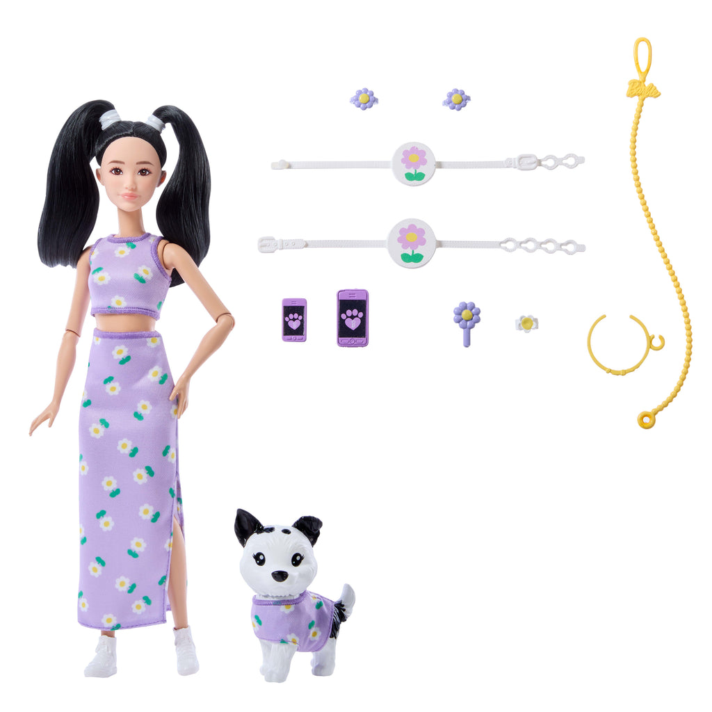 Barbie Twinning Looks Siyah Saçlı Bebek ve Köpeği (Mor)