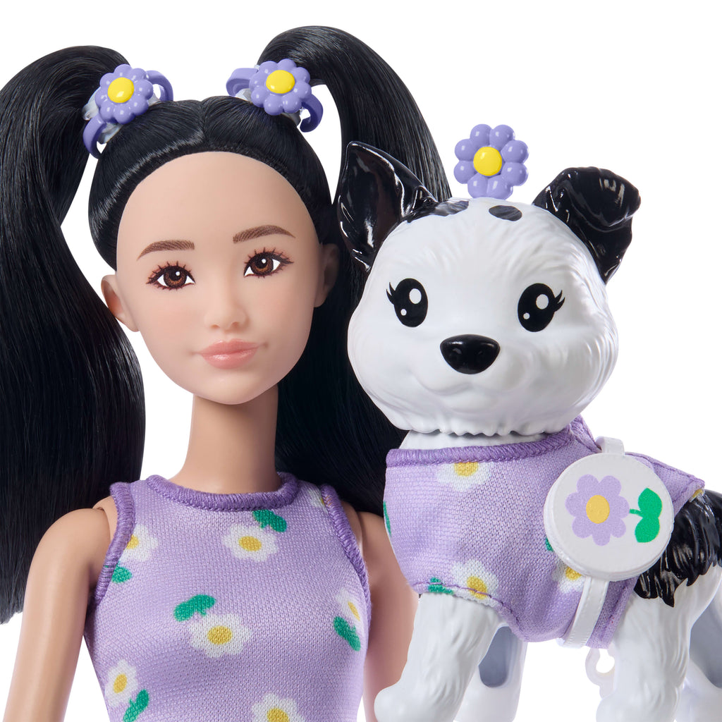 Barbie Twinning Looks Siyah Saçlı Bebek ve Köpeği (Mor)