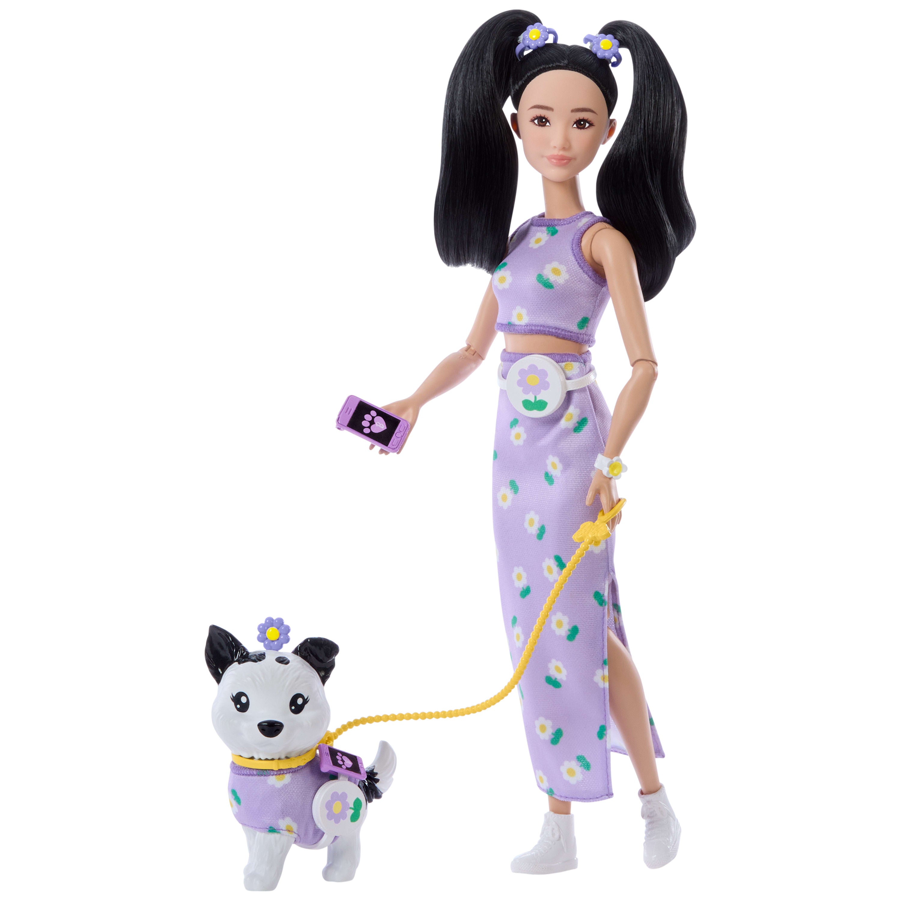 Barbie Twinning Looks Siyah Saçlı Bebek ve Köpeği (Mor)