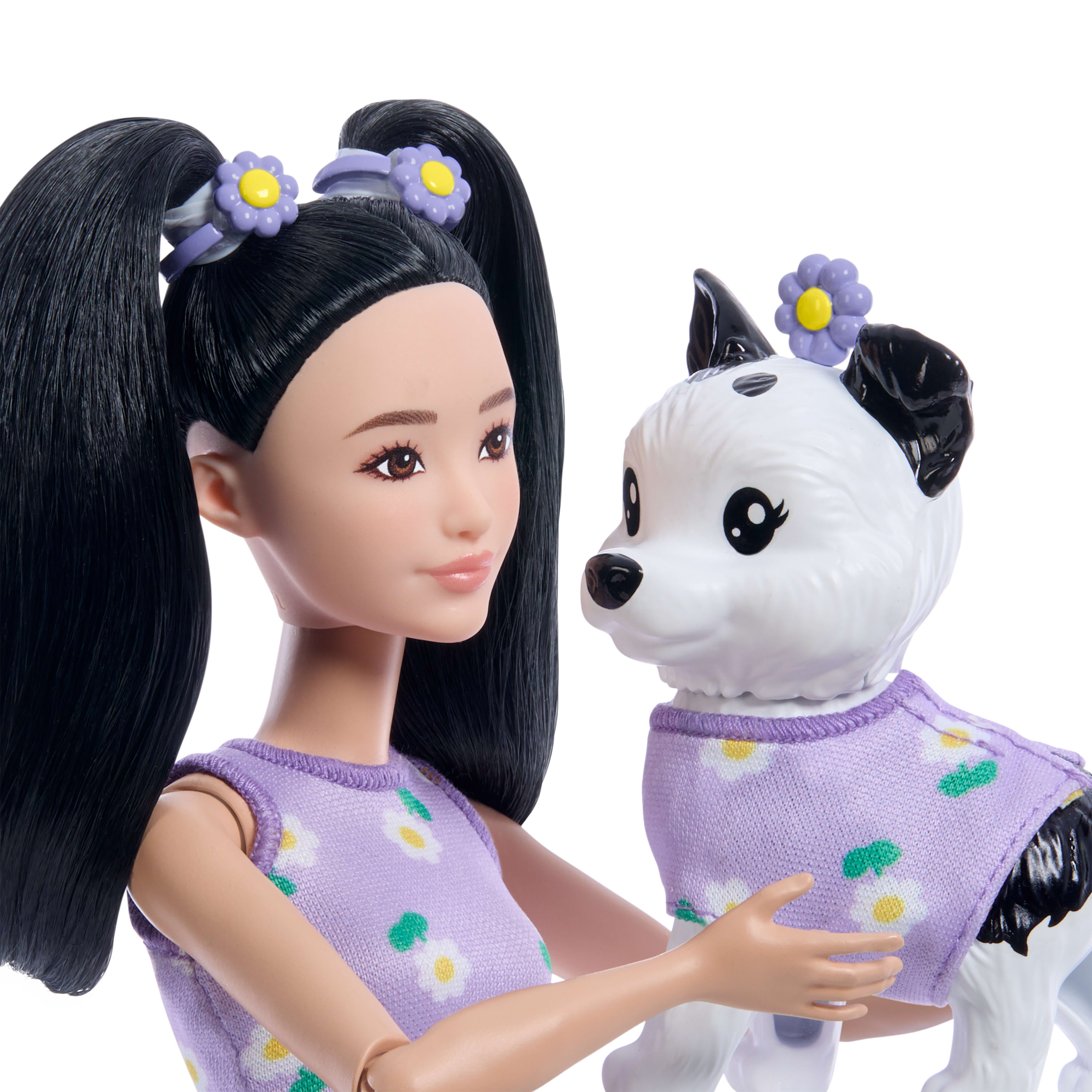 Barbie Twinning Looks Siyah Saçlı Bebek ve Köpeği (Mor)