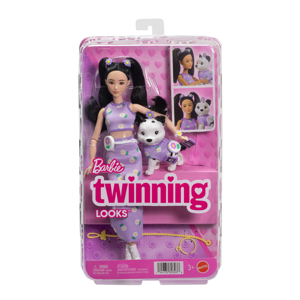 Barbie Twinning Looks Siyah Saçlı Bebek ve Köpeği (Mor)