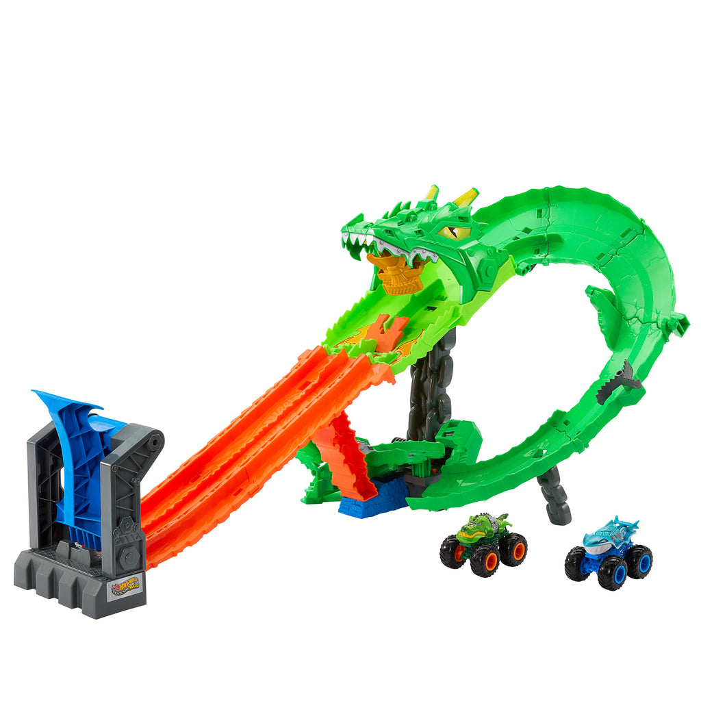 Hot Wheels Monster Trucks Köpek Balığı ve Dinozor Korkunç Ejderhaya Karşı oyun seti ve 2 oyuncak kamyon