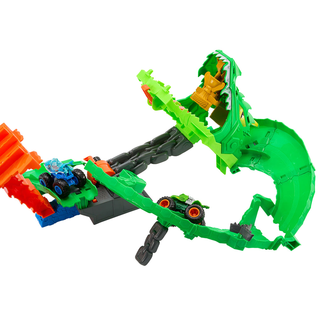 Hot Wheels Monster Trucks Köpek Balığı ve Dinozor Korkunç Ejderhaya Karşı oyun seti ve 2 oyuncak kamyon