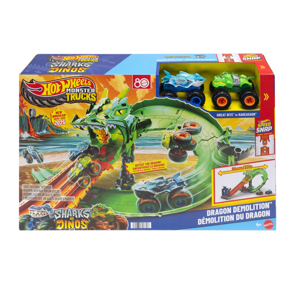 Hot Wheels Monster Trucks Köpek Balığı ve Dinozor Korkunç Ejderhaya Karşı oyun seti ve 2 oyuncak kamyon