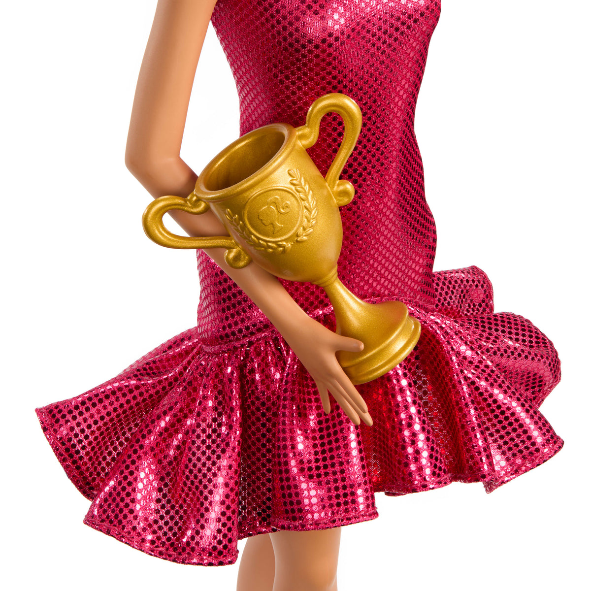 Dans yarışması kupası ve yapılı kahverengi saçlarıyla Balo Dansçısı Barbie bebek