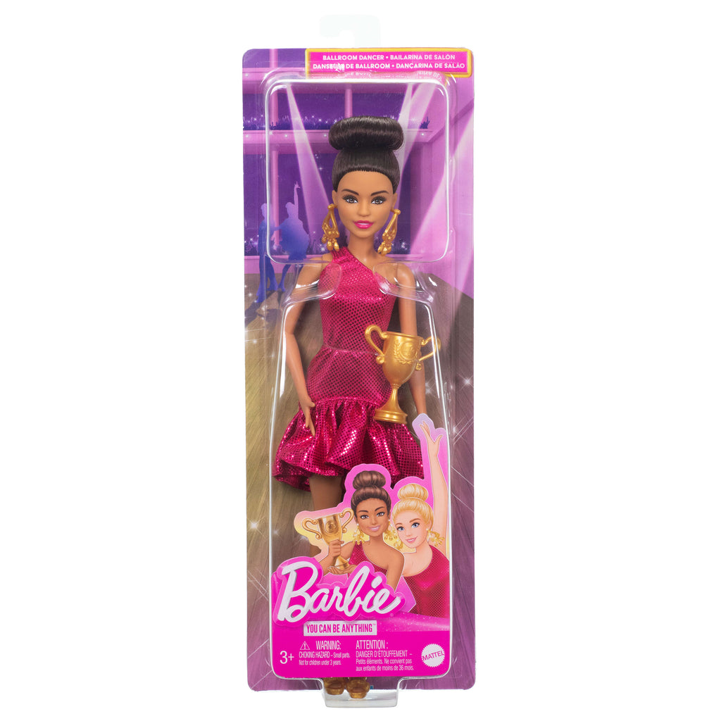Dans yarışması kupası ve yapılı kahverengi saçlarıyla Balo Dansçısı Barbie bebek