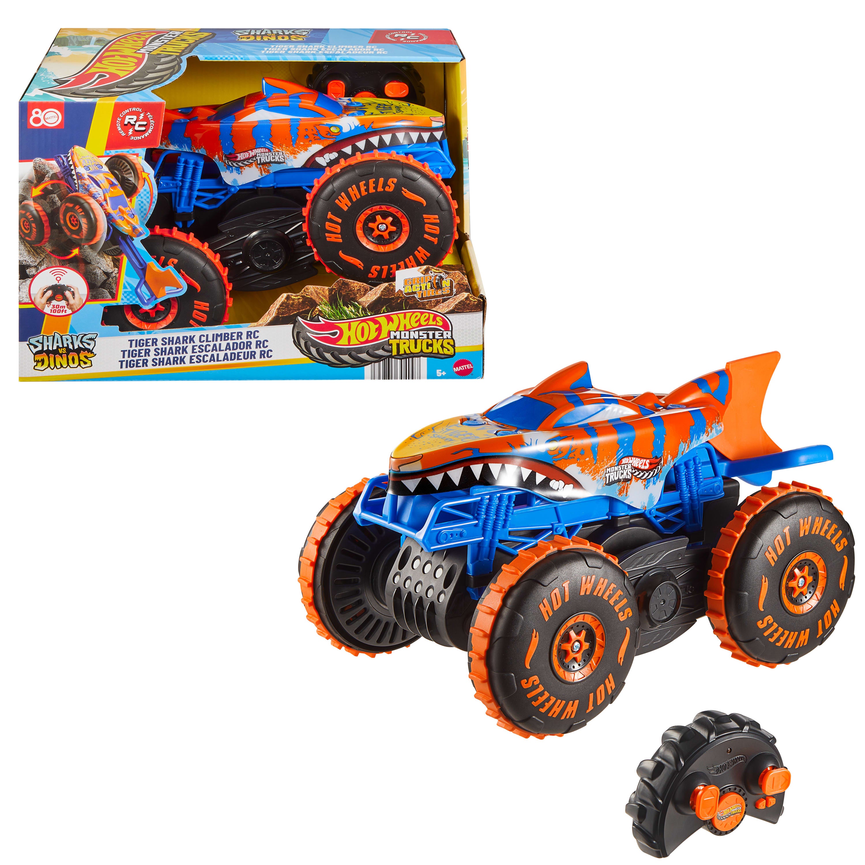 Hot Wheels Monster Trucks Tiger Shark uzaktan kumandalı tırmanış aracı, pille çalışan uzaktan kumandalı oyuncak kamyon