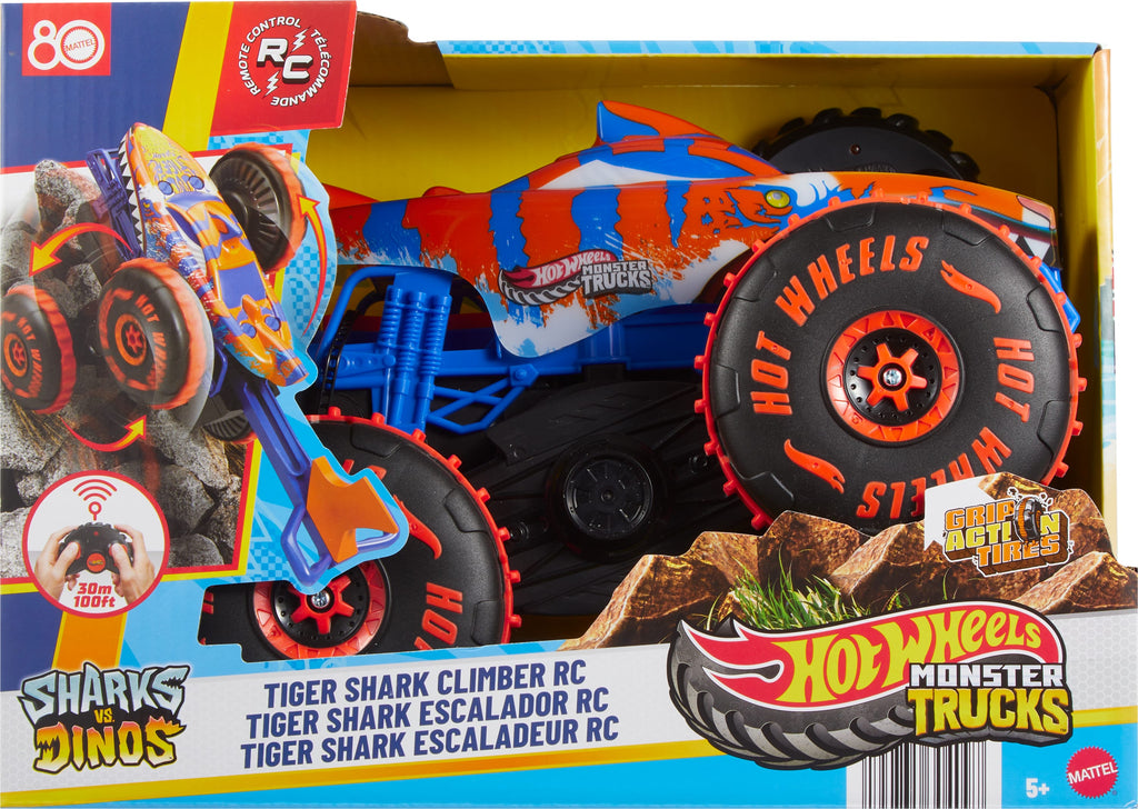 Hot Wheels Monster Trucks Tiger Shark uzaktan kumandalı tırmanış aracı, pille çalışan uzaktan kumandalı oyuncak kamyon