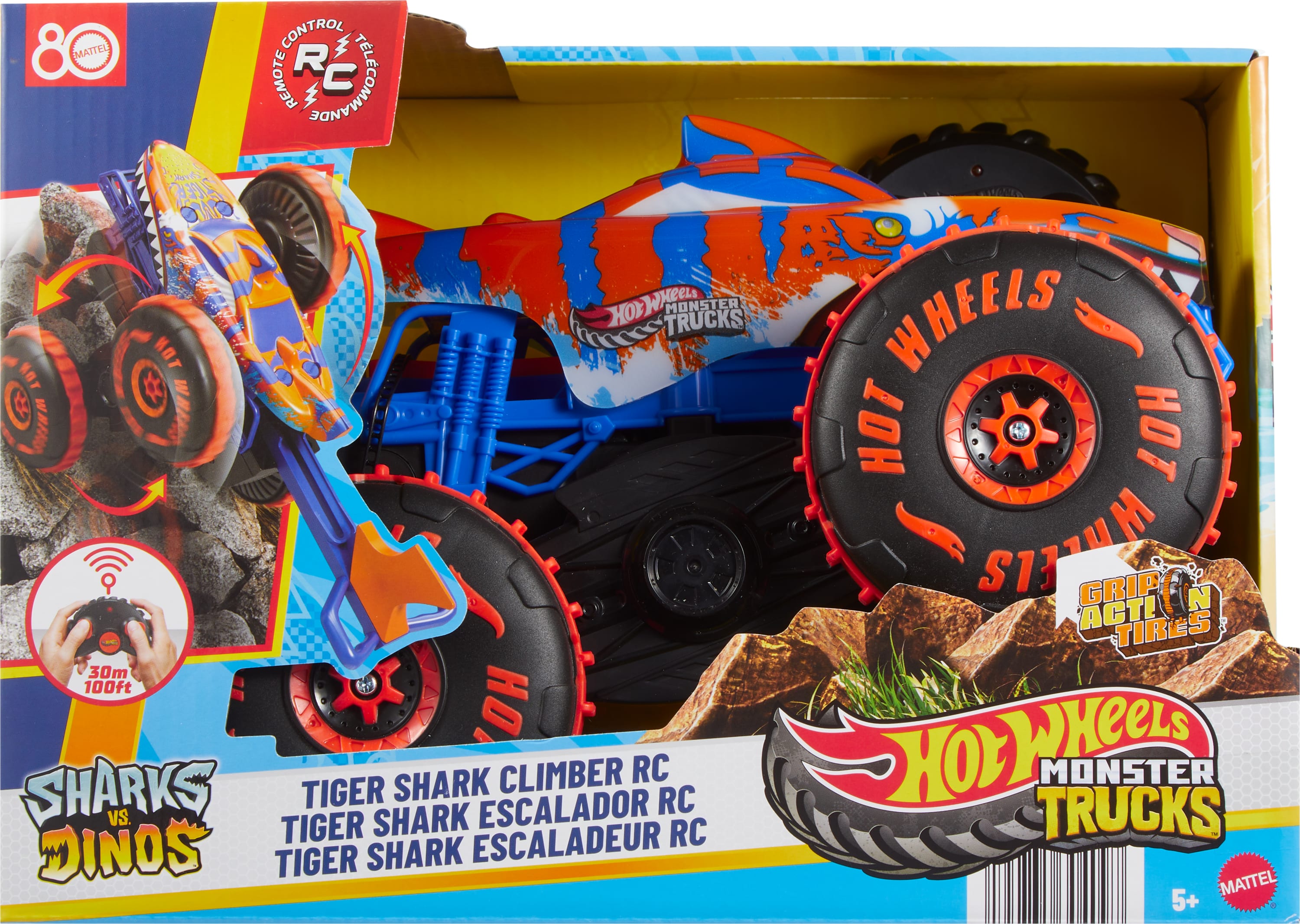 Hot Wheels Monster Trucks Tiger Shark uzaktan kumandalı tırmanış aracı, pille çalışan uzaktan kumandalı oyuncak kamyon