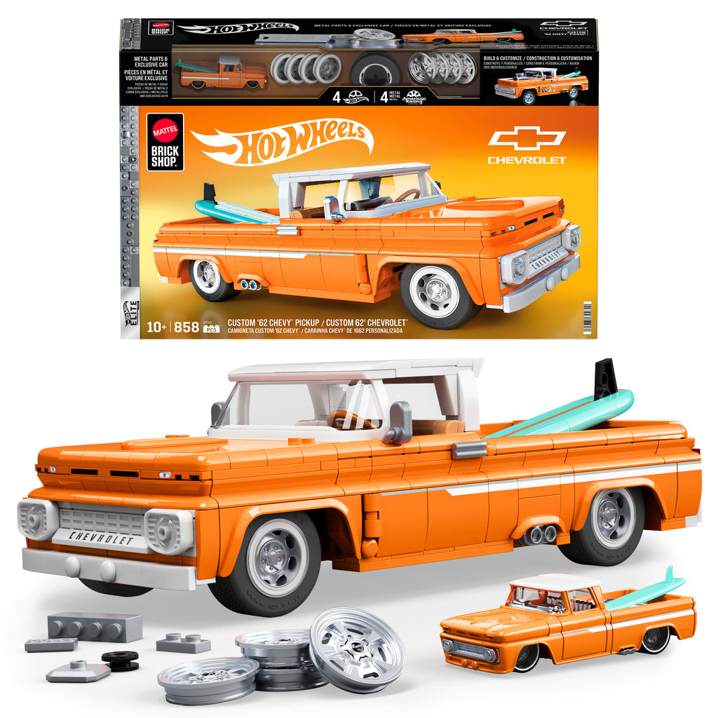 Mattel Brick Shop Hot Wheels Custom '62 Chevy Pickup oyuncağı seti (858 Parça), koleksiyoncular için