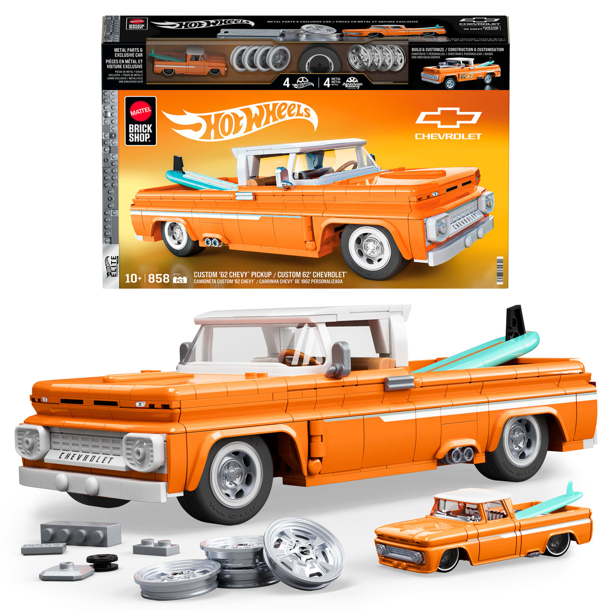 Mattel Brick Shop Hot Wheels Custom '62 Chevy Pickup oyuncağı seti (858 Parça), koleksiyoncular için