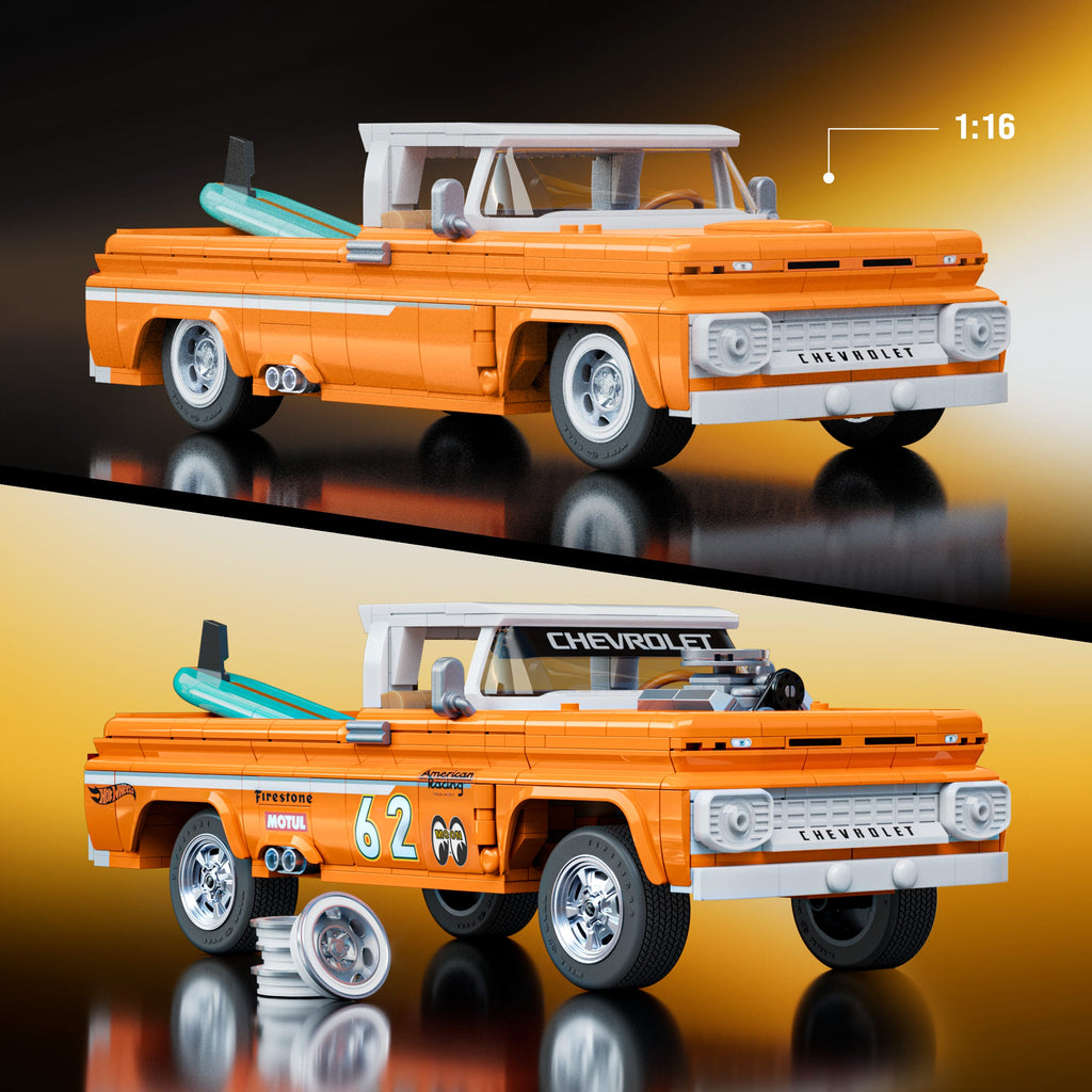 Mattel Brick Shop Hot Wheels Custom '62 Chevy Pickup oyuncağı seti (858 Parça), koleksiyoncular için