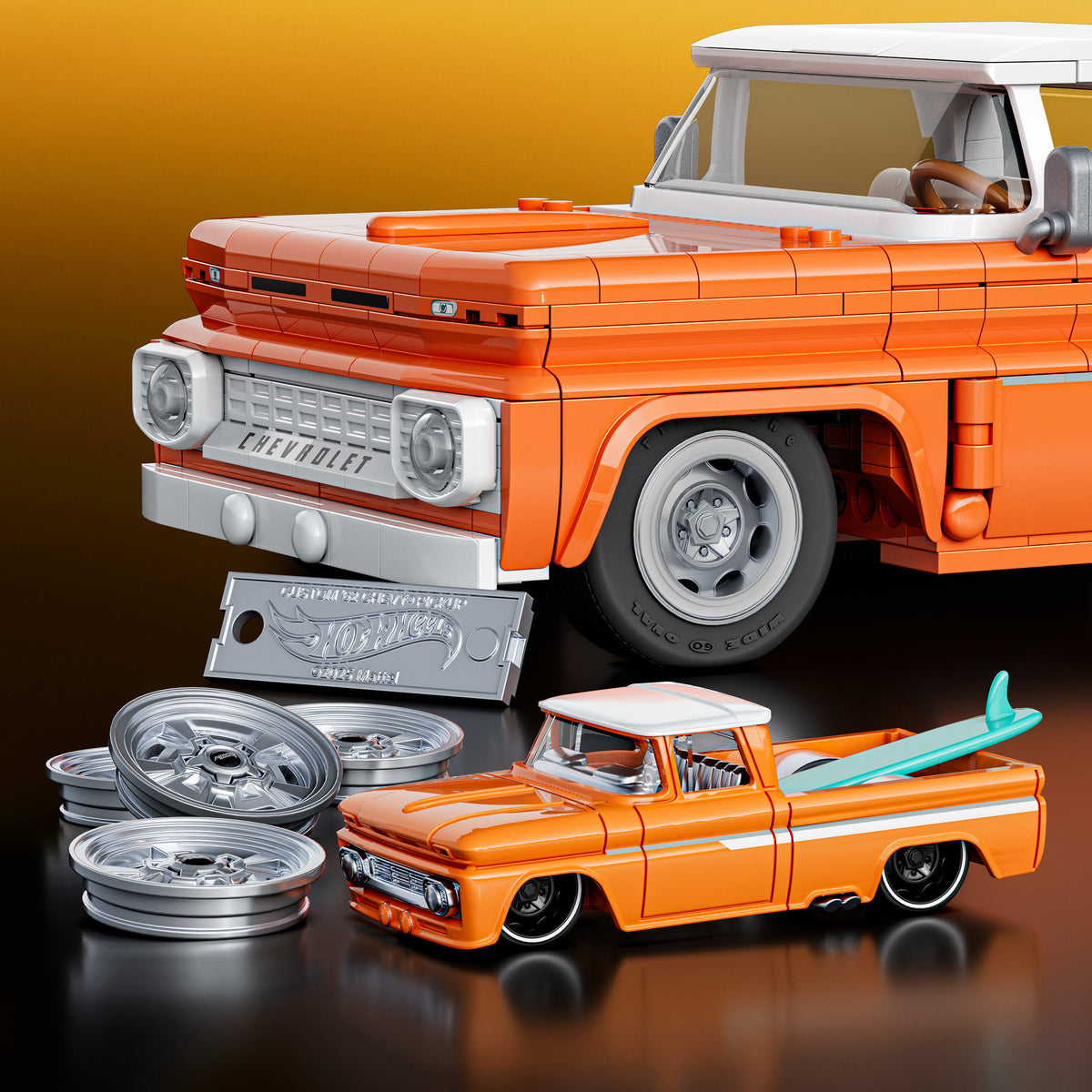 Mattel Brick Shop Hot Wheels Custom '62 Chevy Pickup oyuncağı seti (858 Parça), koleksiyoncular için