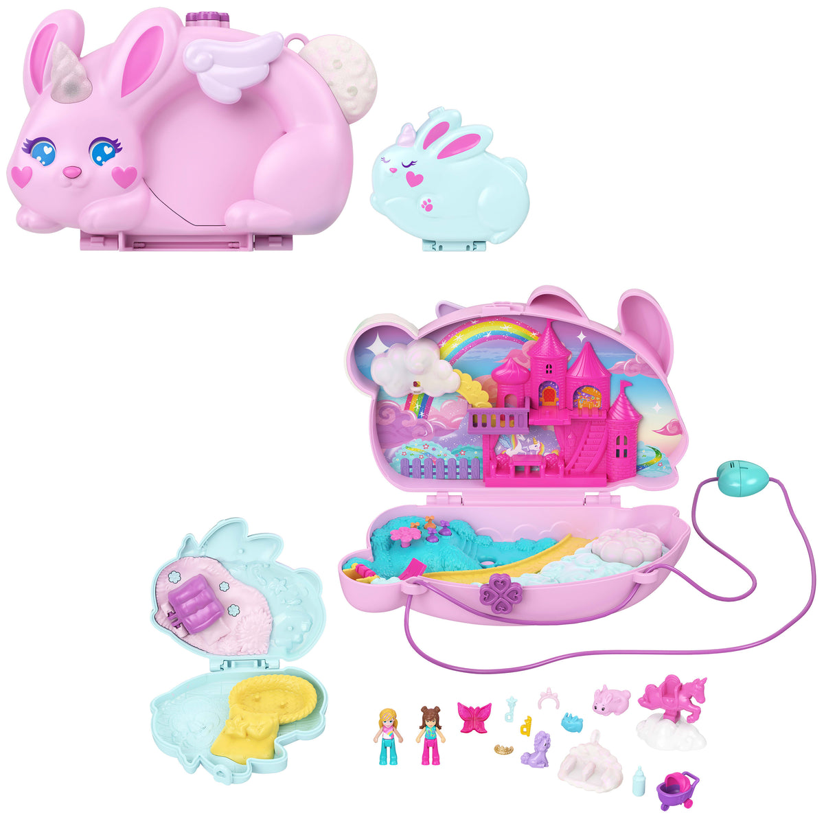 Giyilebilir çanta şeklinde Polly Pocket 2'si 1 Arada Tavşancıklar mini oyun seti, 2 bebek ve evcil hayvanlar dahil 12 aksesuar