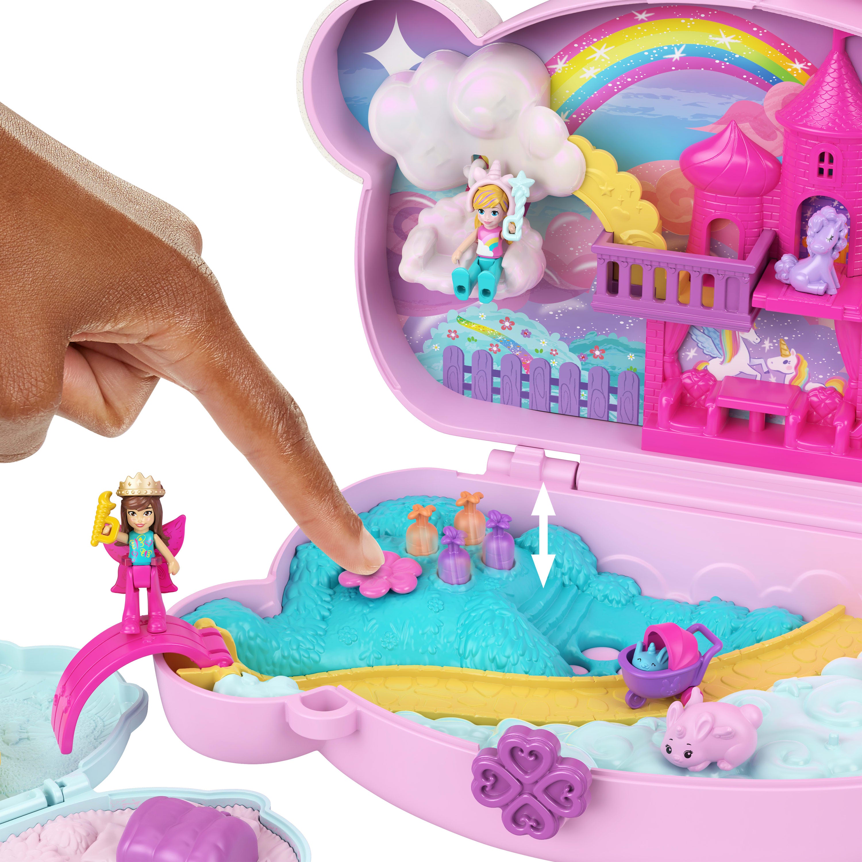Giyilebilir çanta şeklinde Polly Pocket 2'si 1 Arada Tavşancıklar mini oyun seti, 2 bebek ve evcil hayvanlar dahil 12 aksesuar