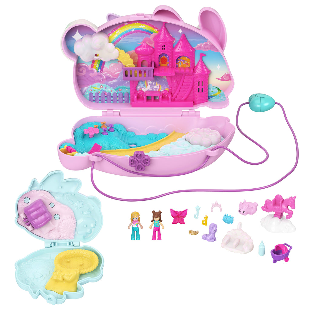 Giyilebilir çanta şeklinde Polly Pocket 2'si 1 Arada Tavşancıklar mini oyun seti, 2 bebek ve evcil hayvanlar dahil 12 aksesuar