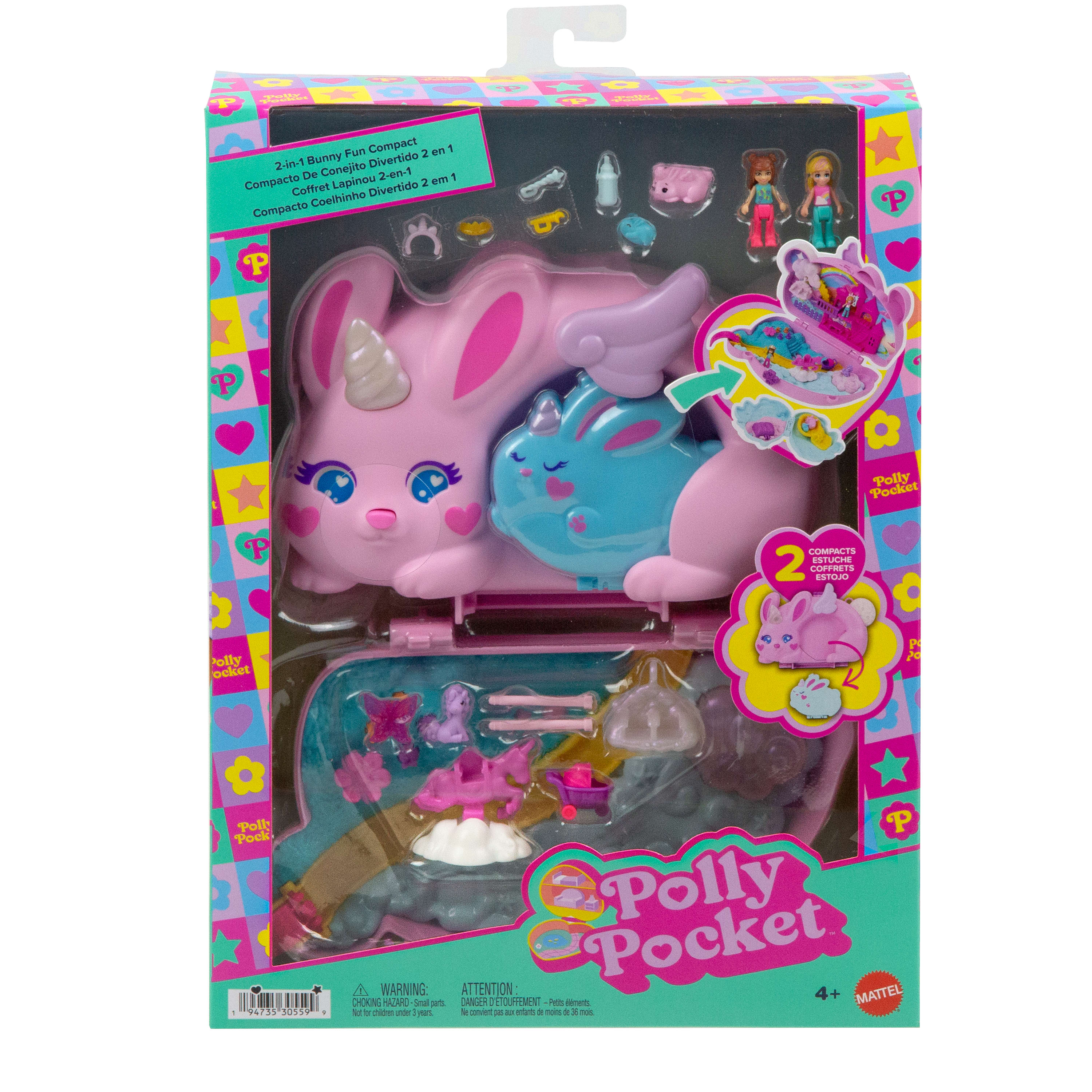 Giyilebilir çanta şeklinde Polly Pocket 2'si 1 Arada Tavşancıklar mini oyun seti, 2 bebek ve evcil hayvanlar dahil 12 aksesuar