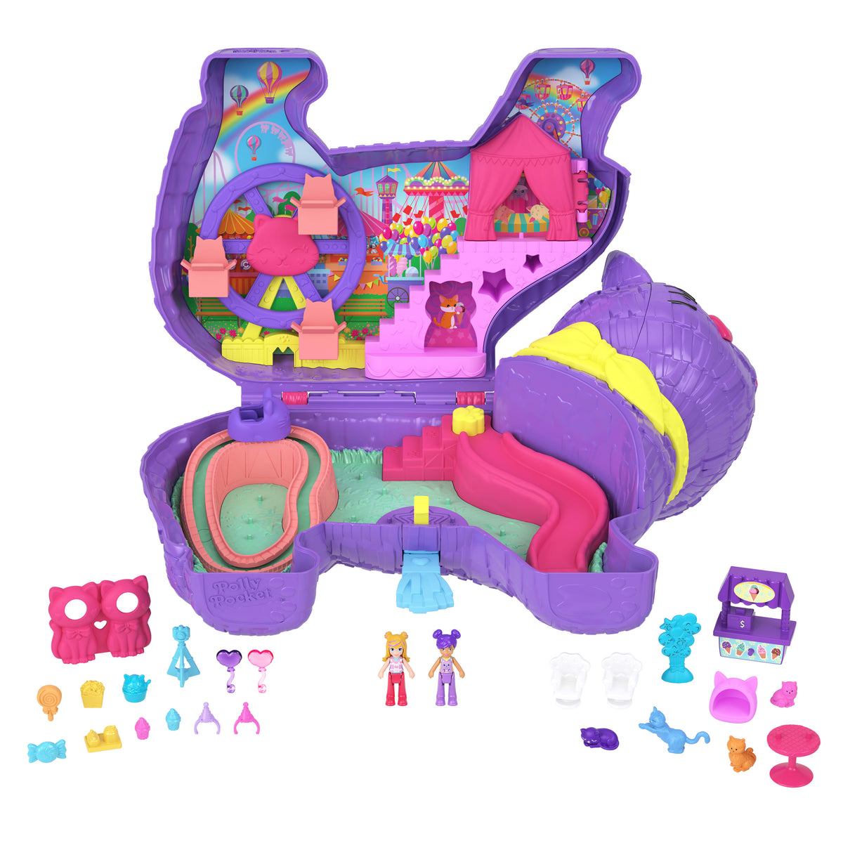 2 mikro bebek, evcil hayvanlar dahil 23 sürpriz aksesuar ve dönme dolap ile doğum günü partisi temalı Polly Pocket Parti Kediciği oyun seti