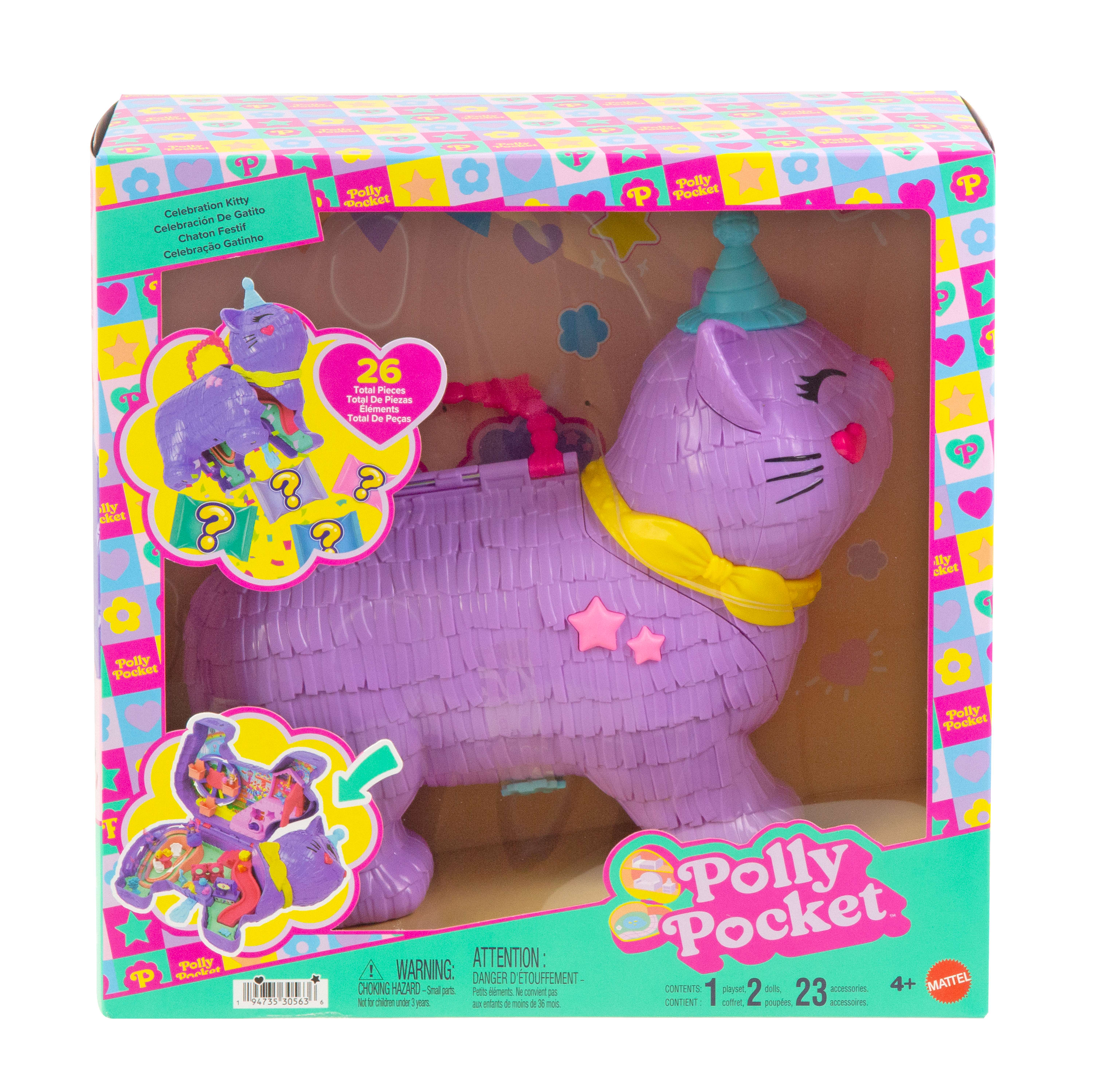 2 mikro bebek, evcil hayvanlar dahil 23 sürpriz aksesuar ve dönme dolap ile doğum günü partisi temalı Polly Pocket Parti Kediciği oyun seti