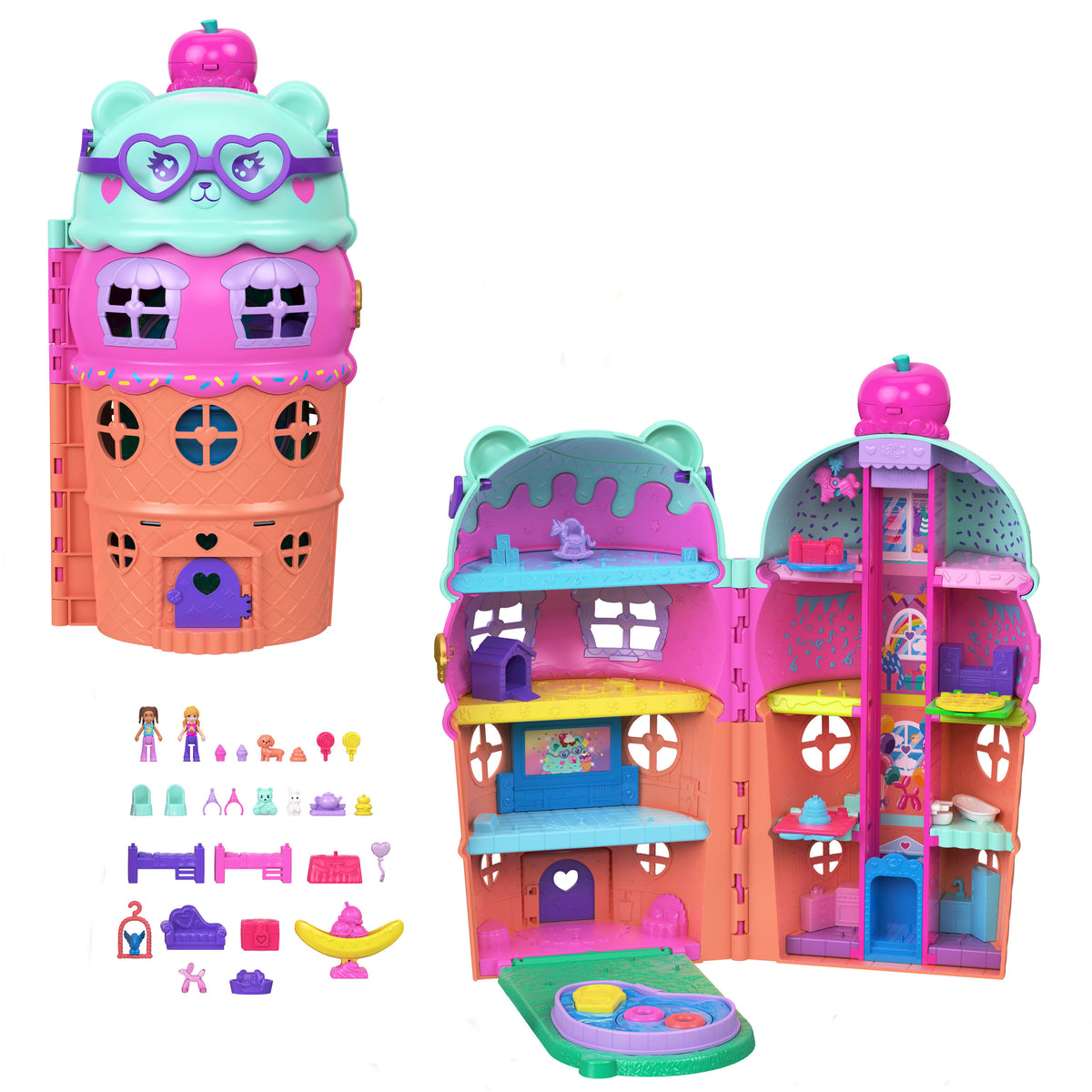 Polly Pocket bebekler ve oyun seti, mobilya ve evcil hayvanlar dahil 25'ten fazla aksesuarıyla asansörlü Dondurma Evi
