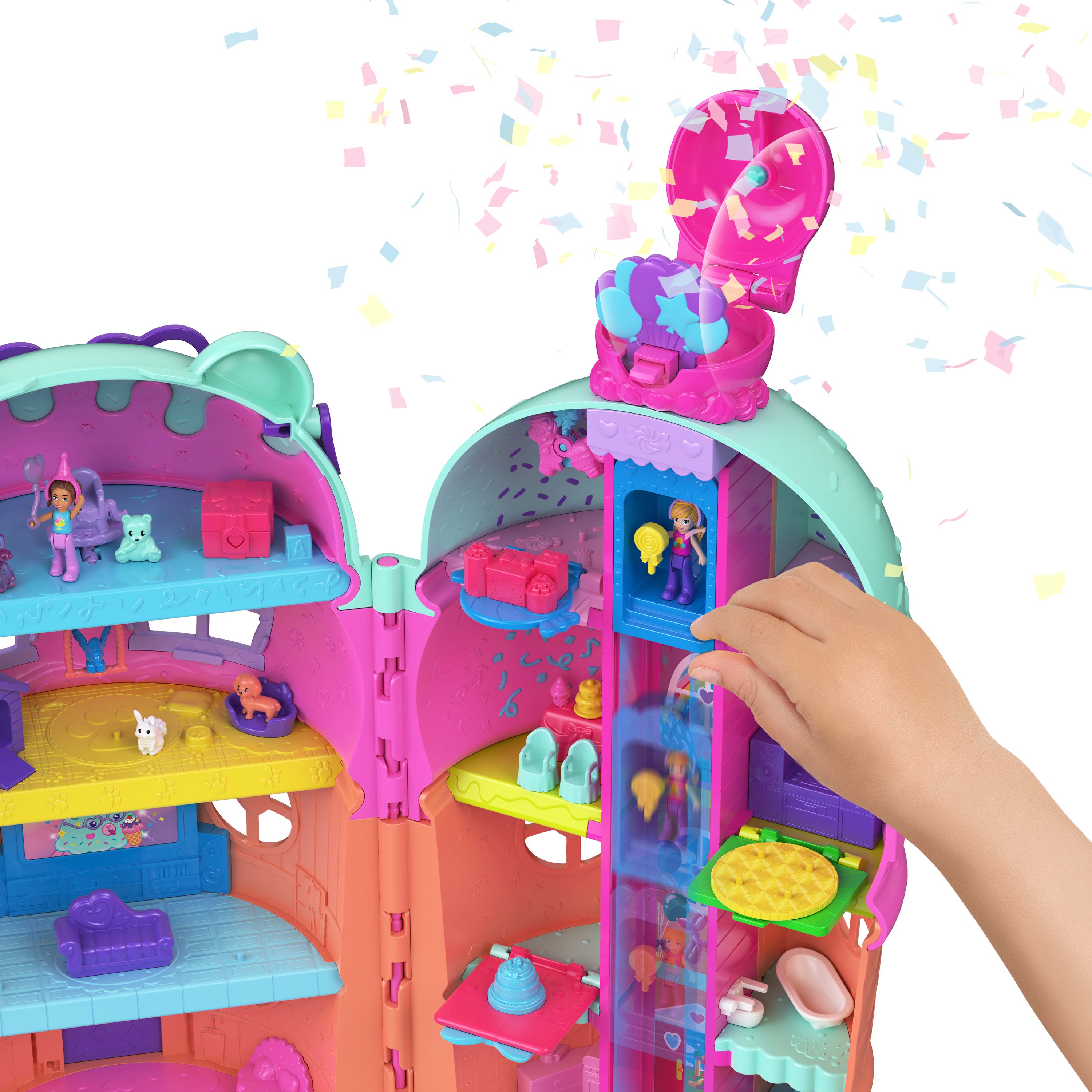 Polly Pocket bebekler ve oyun seti, mobilya ve evcil hayvanlar dahil 25'ten fazla aksesuarıyla asansörlü Dondurma Evi
