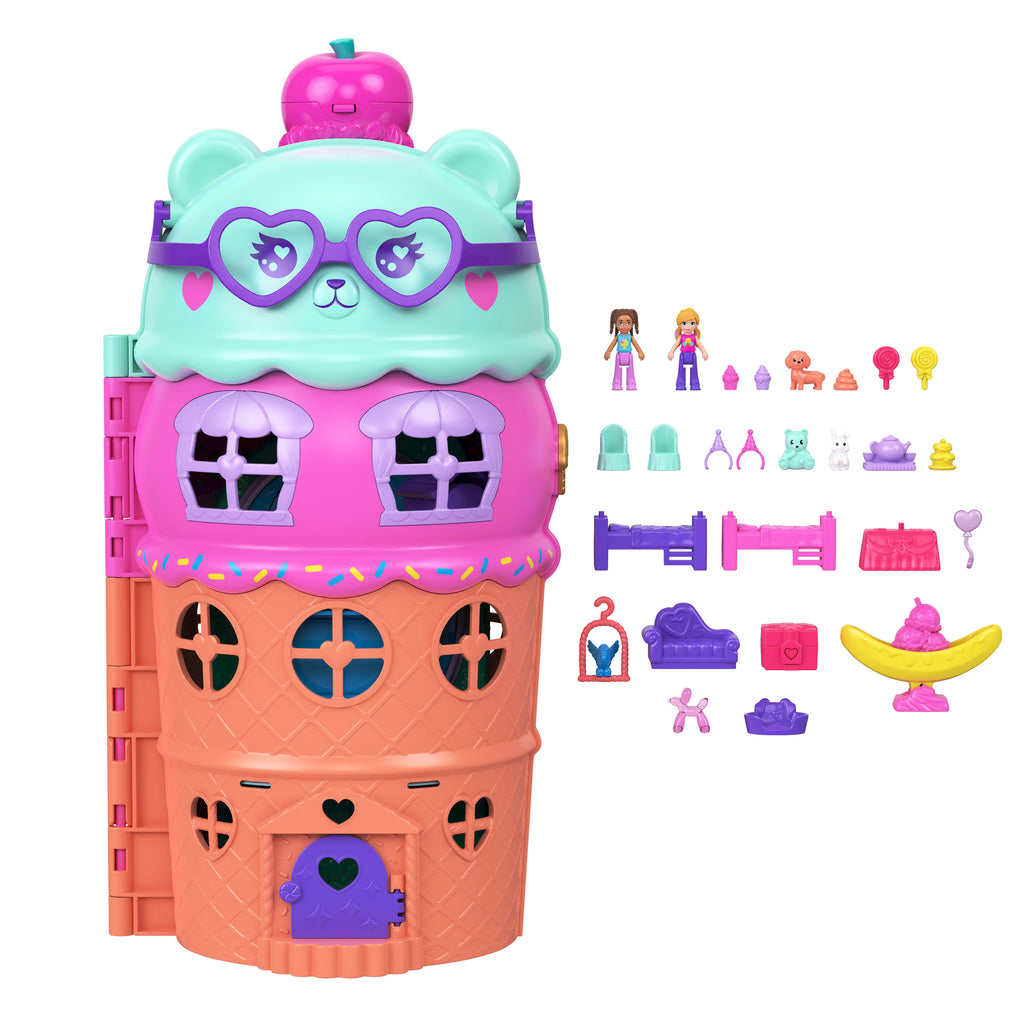 Polly Pocket bebekler ve oyun seti, mobilya ve evcil hayvanlar dahil 25'ten fazla aksesuarıyla asansörlü Dondurma Evi