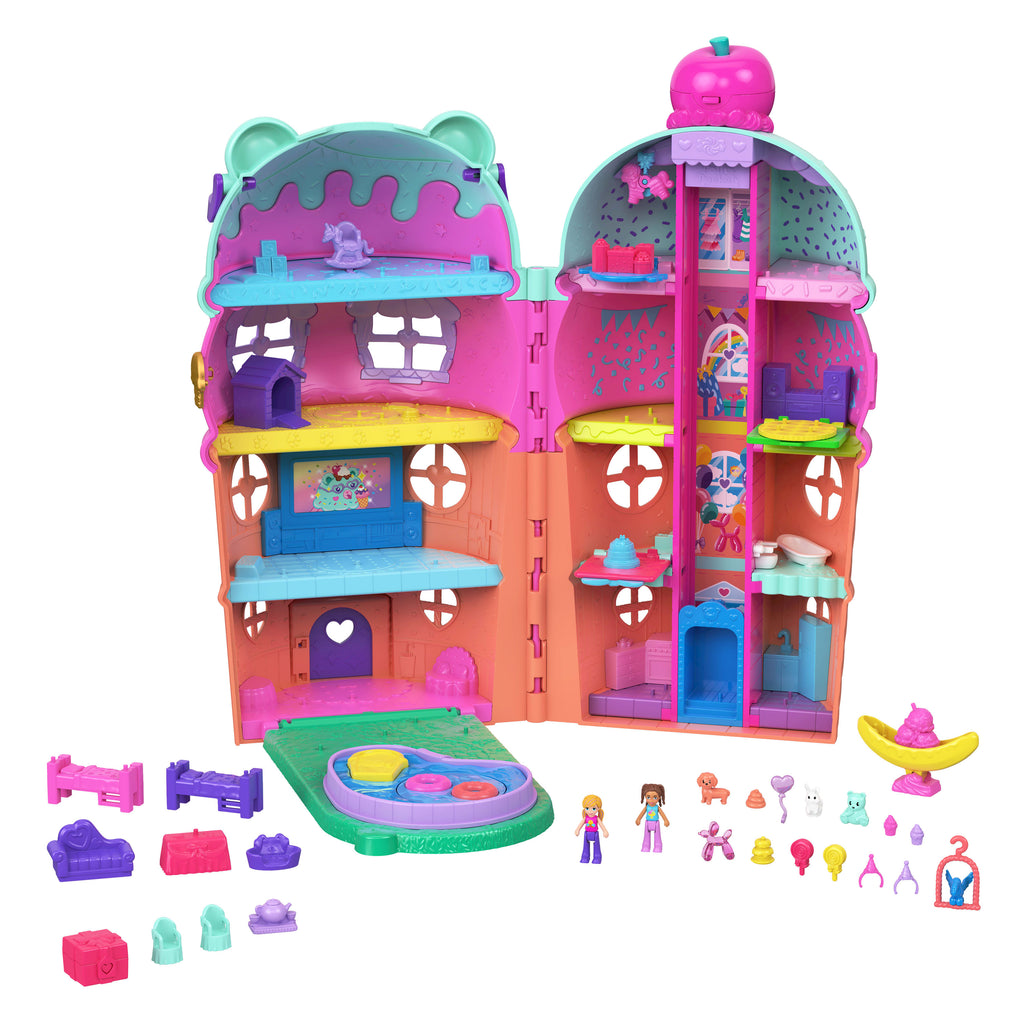 Polly Pocket bebekler ve oyun seti, mobilya ve evcil hayvanlar dahil 25'ten fazla aksesuarıyla asansörlü Dondurma Evi