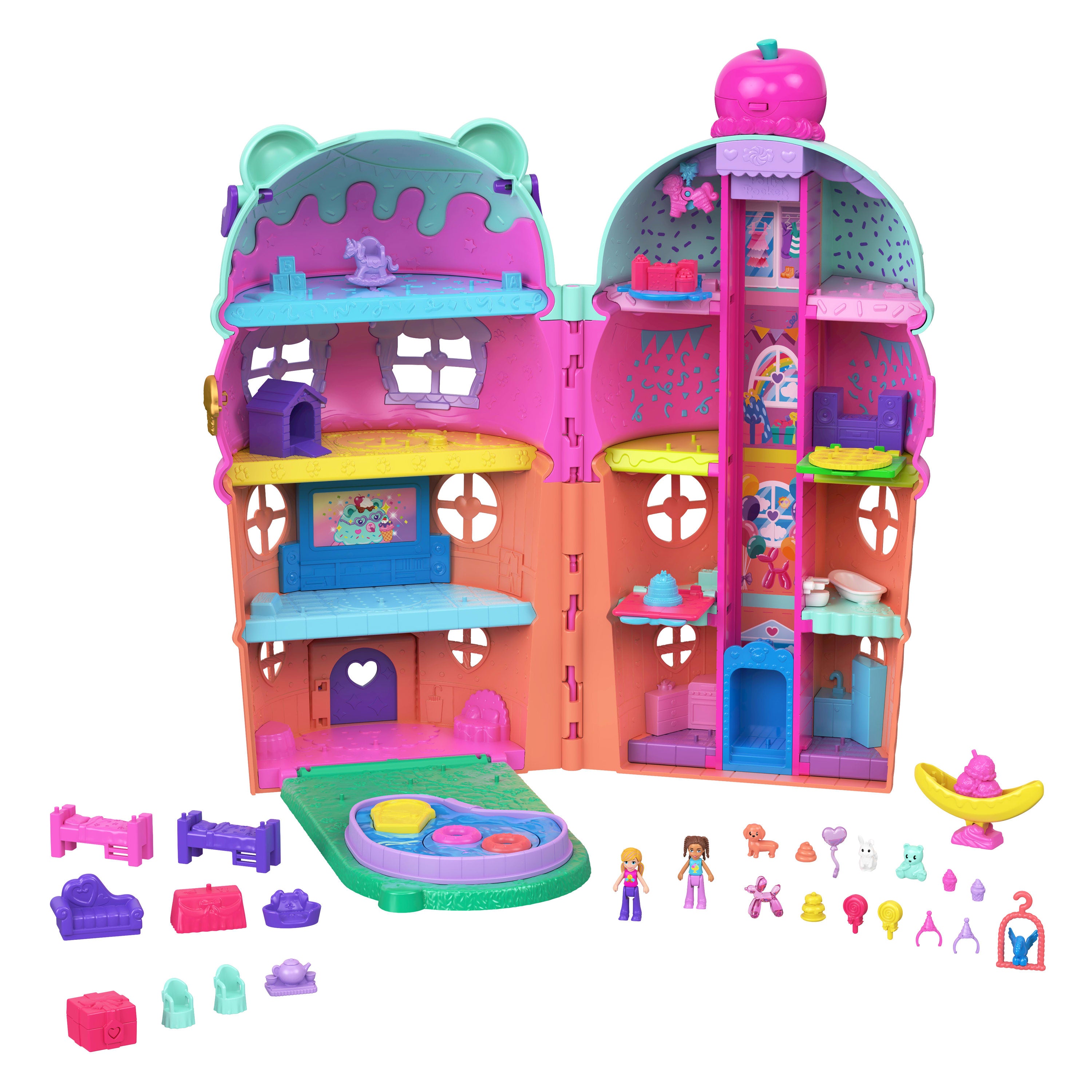 Polly Pocket bebekler ve oyun seti, mobilya ve evcil hayvanlar dahil 25'ten fazla aksesuarıyla asansörlü Dondurma Evi