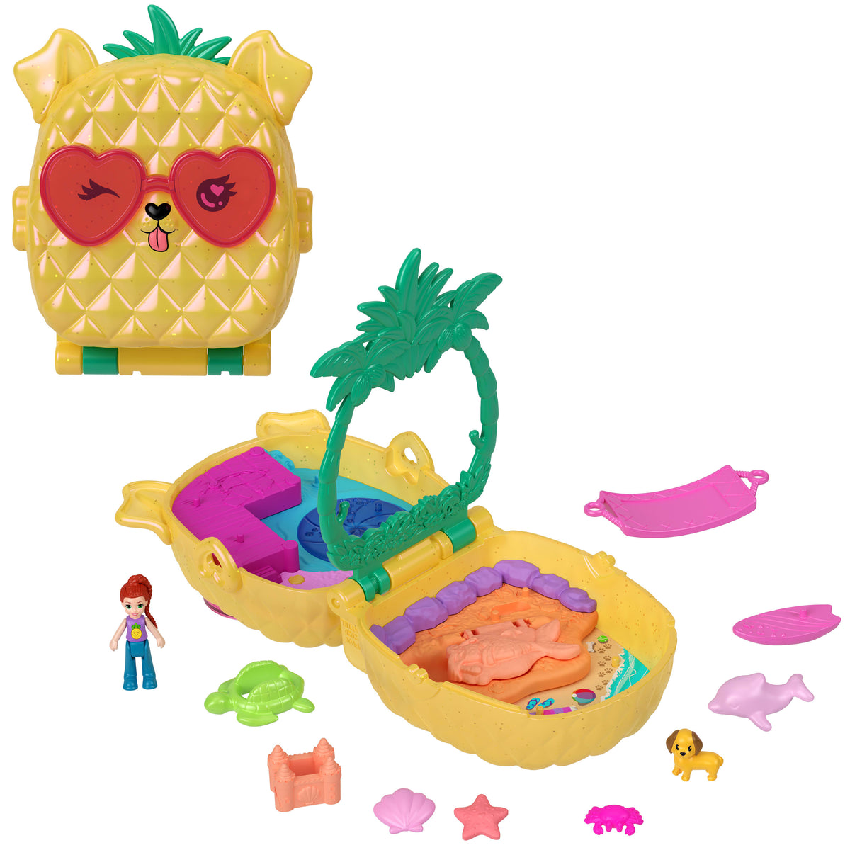 Polly Pocket Ananas Köpekçik Plajı mini oyun seti, 1 mikro bebek ve evcil hayvanlar dahil 8 aksesuar