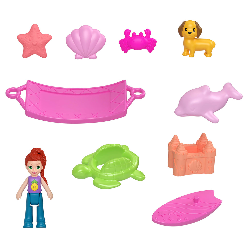 Polly Pocket Ananas Köpekçik Plajı mini oyun seti, 1 mikro bebek ve evcil hayvanlar dahil 8 aksesuar