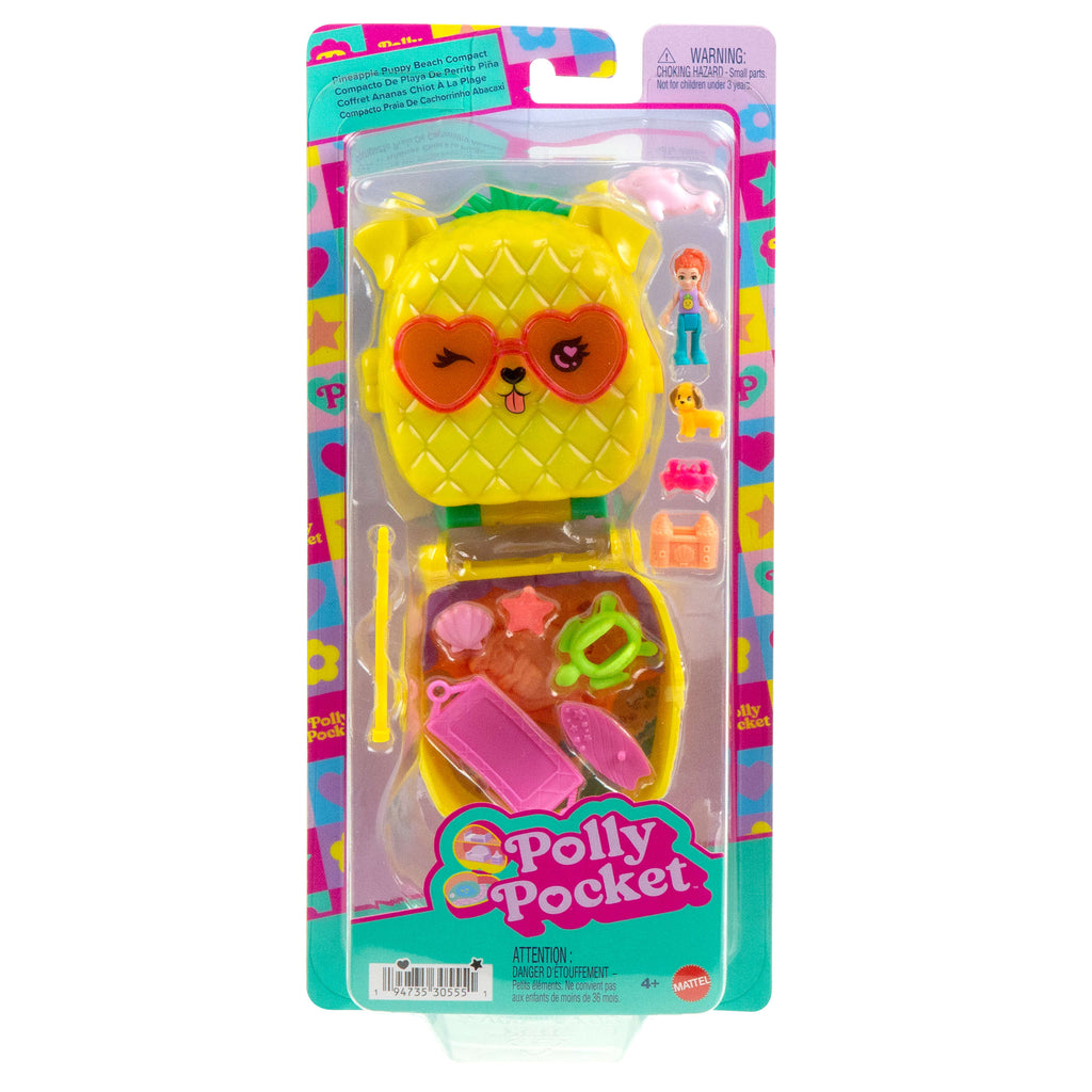 Polly Pocket Ananas Köpekçik Plajı mini oyun seti, 1 mikro bebek ve evcil hayvanlar dahil 8 aksesuar
