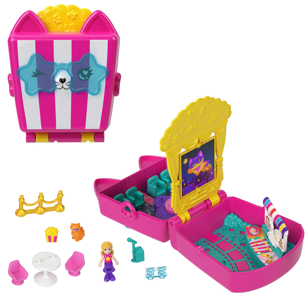 Polly Pocket Kedicik Sineması mini oyun seti, 1 mikro bebek ve kedicik figürü dahil 8 aksesuar