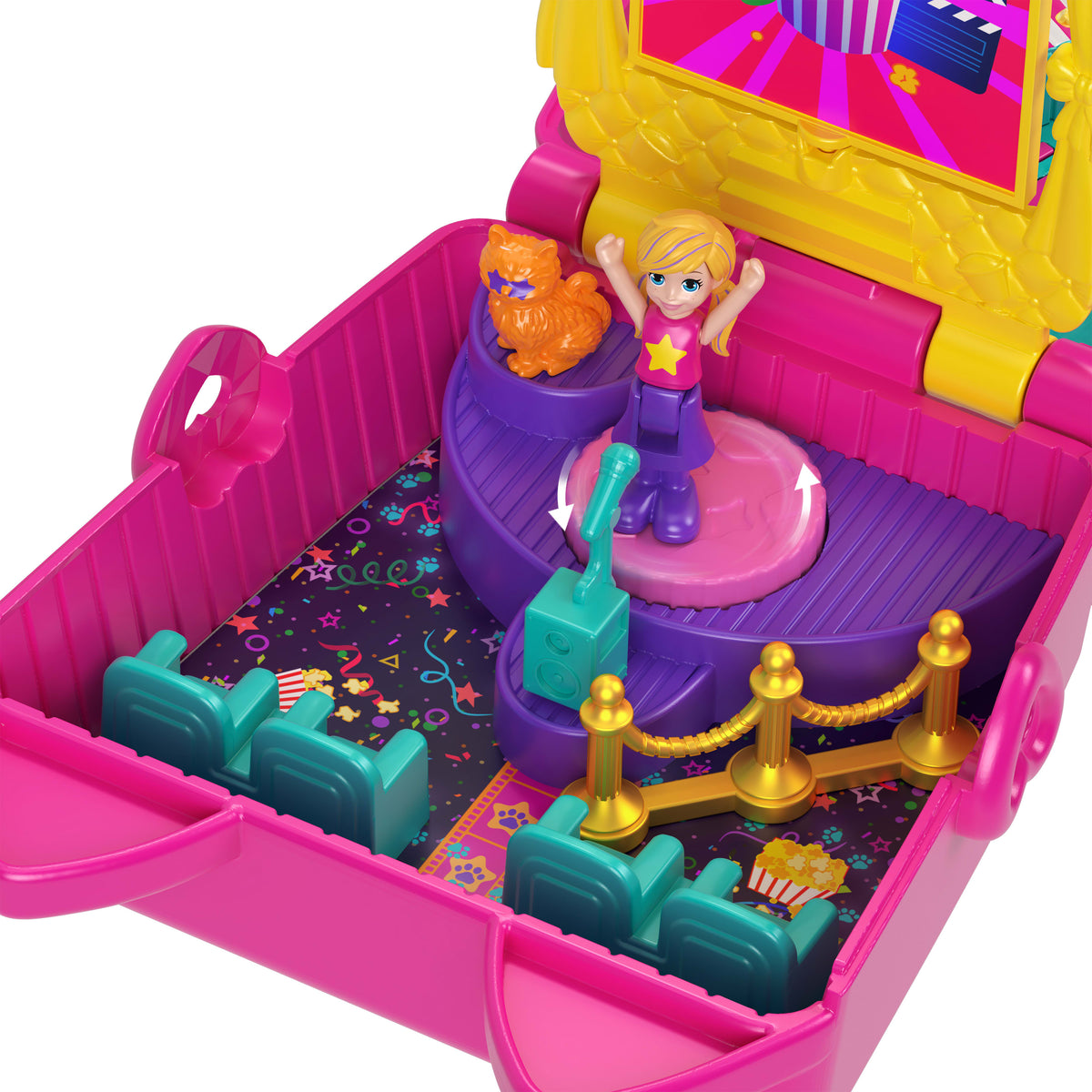 Polly Pocket Kedicik Sineması mini oyun seti, 1 mikro bebek ve kedicik figürü dahil 8 aksesuar