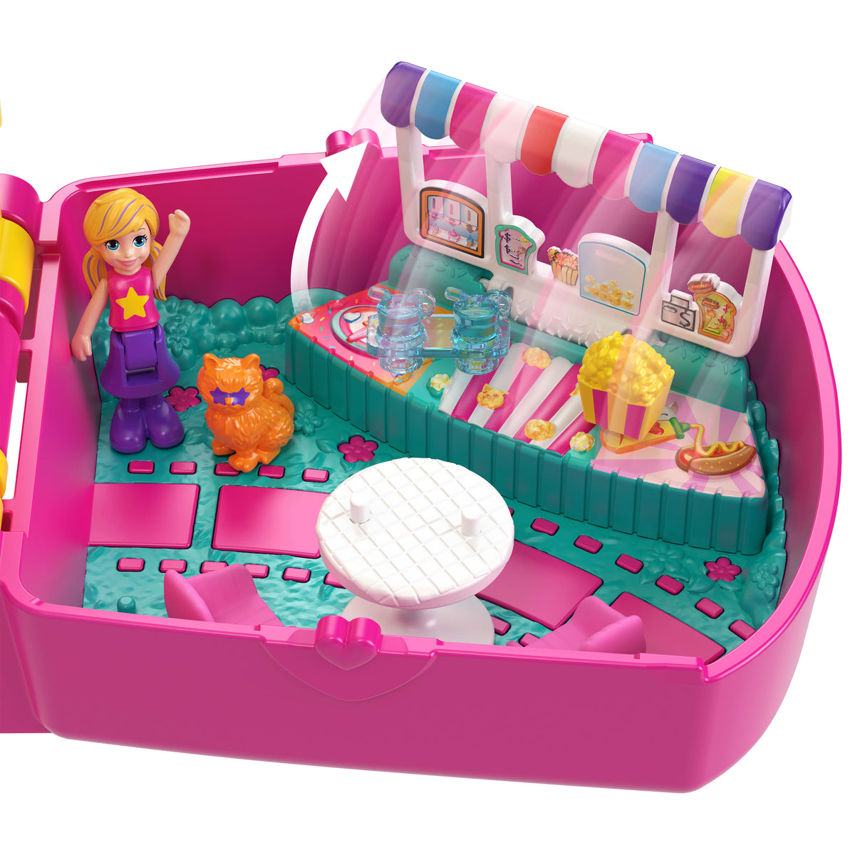 Polly Pocket Kedicik Sineması mini oyun seti, 1 mikro bebek ve kedicik figürü dahil 8 aksesuar