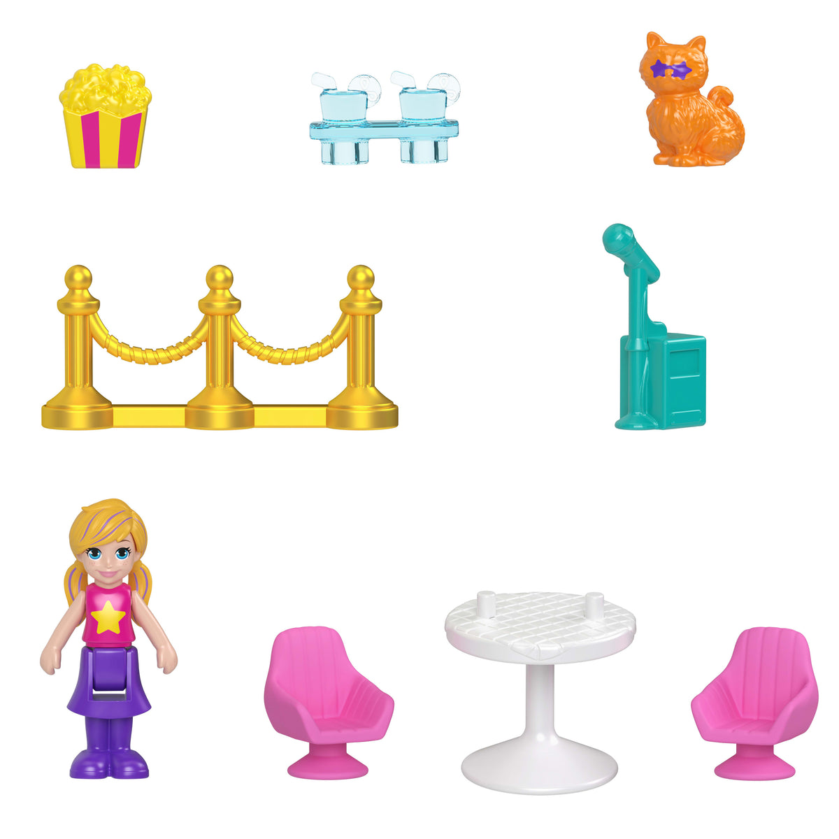 Polly Pocket Kedicik Sineması mini oyun seti, 1 mikro bebek ve kedicik figürü dahil 8 aksesuar