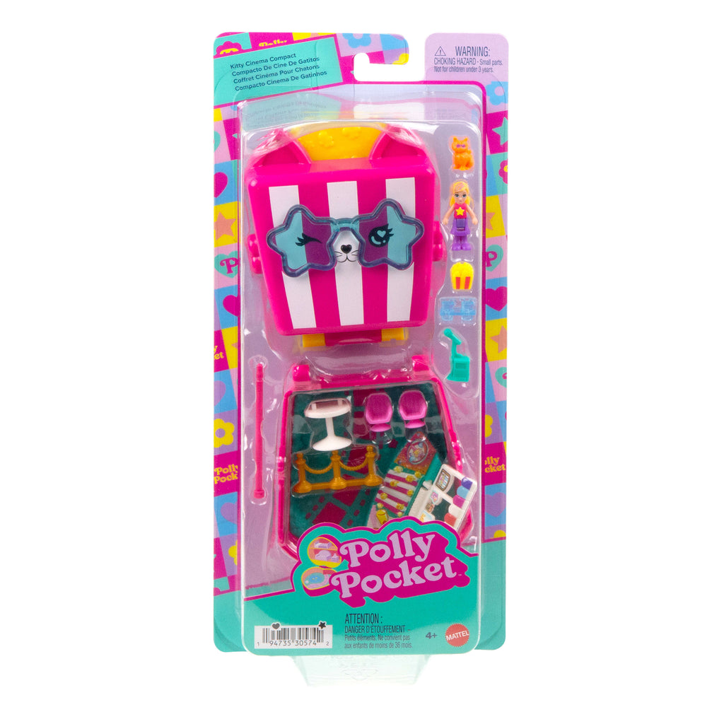 Polly Pocket Kedicik Sineması mini oyun seti, 1 mikro bebek ve kedicik figürü dahil 8 aksesuar
