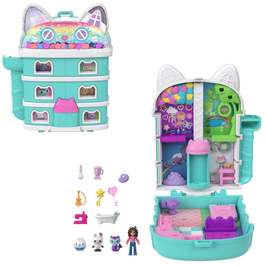 Polly Pocket ve Gabby's Dollhouse mikro bebekler ve mini oyun seti, 9 aksesuar ve kedicik dostlar