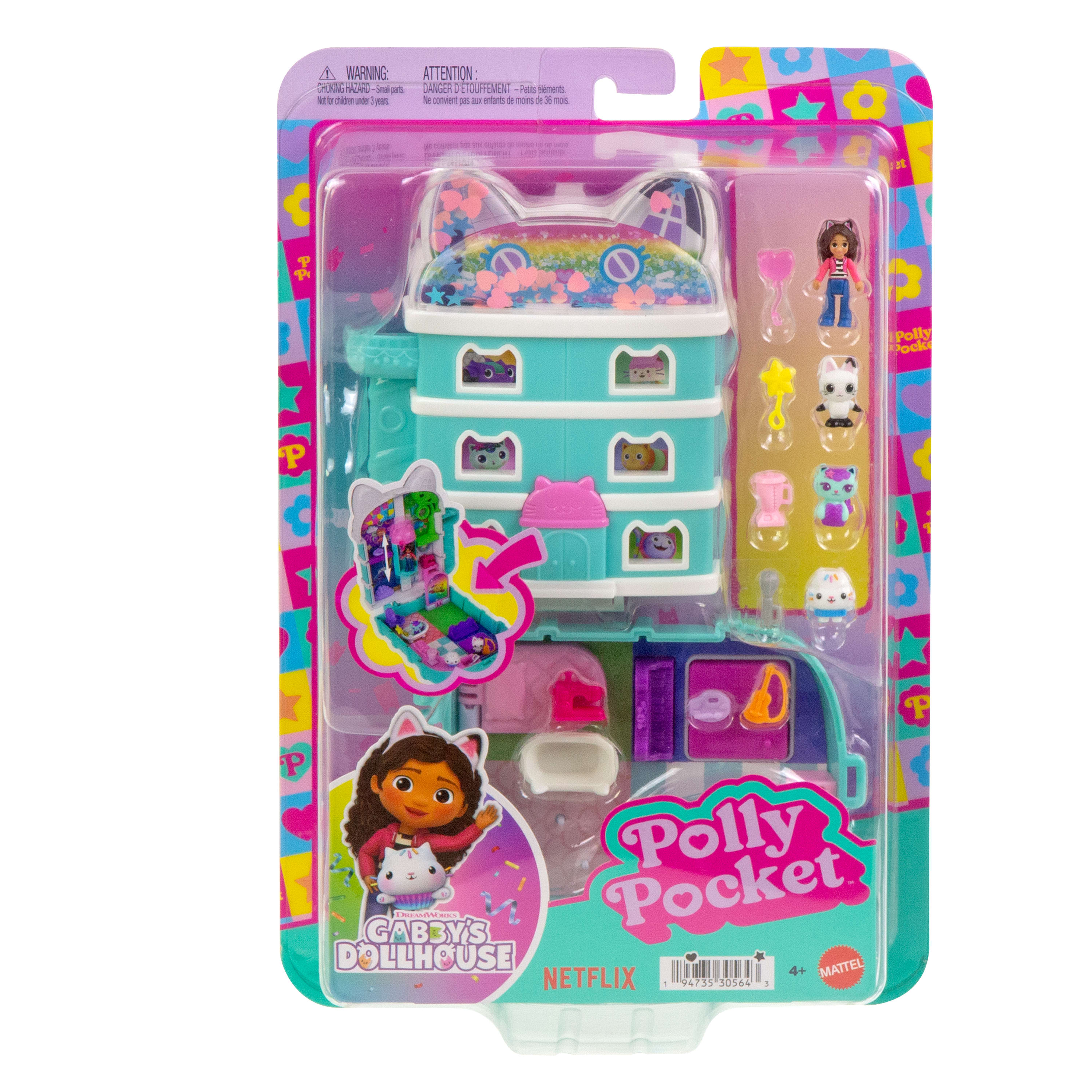 Polly Pocket ve Gabby's Dollhouse mikro bebekler ve mini oyun seti, 9 aksesuar ve kedicik dostlar