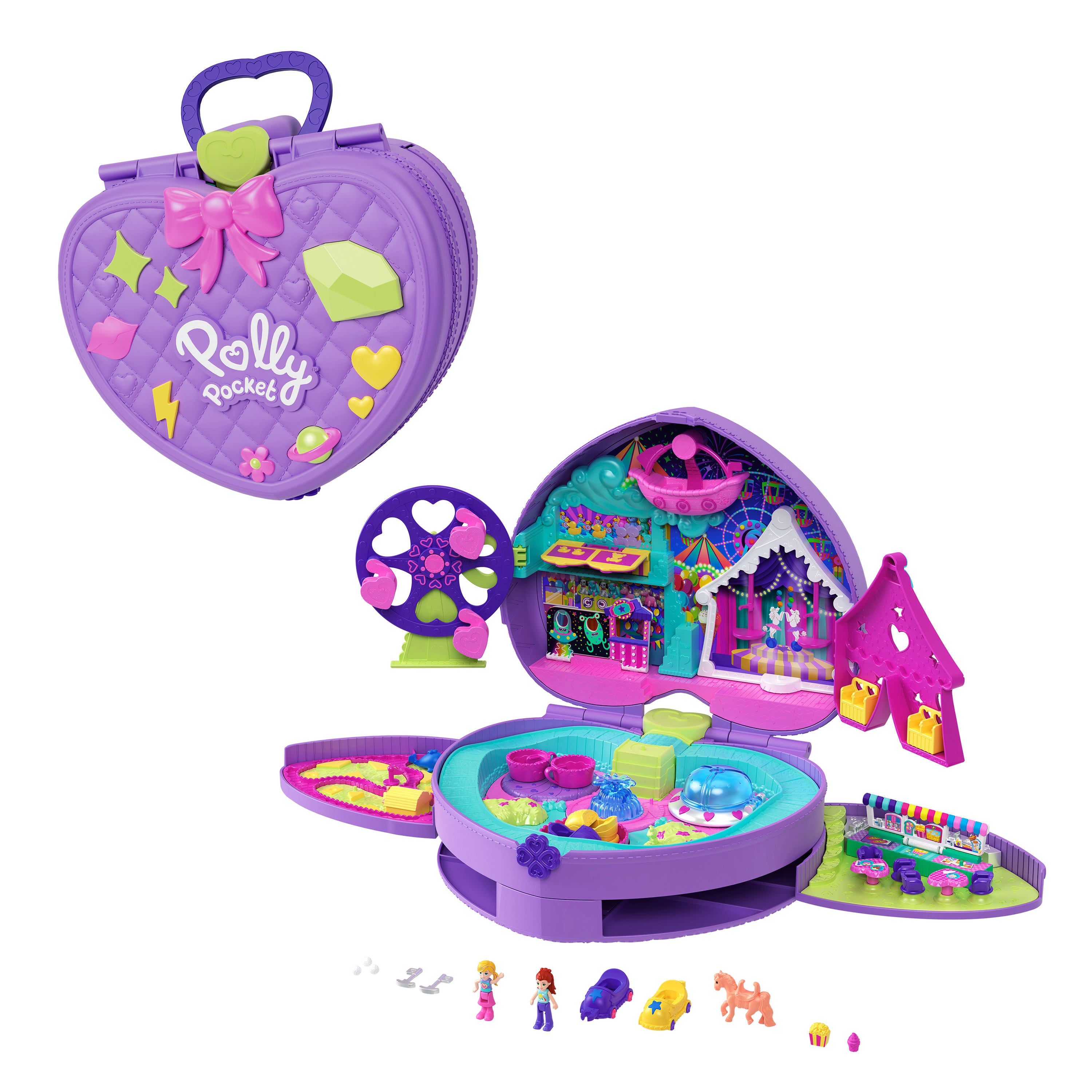 Polly Pocket bebekler ve sırt çantası şeklinde oyun seti, lunapark temasına uygun mini golf sahası, dönme dolap ve diğer oyuncaklar ile aksesuarlar