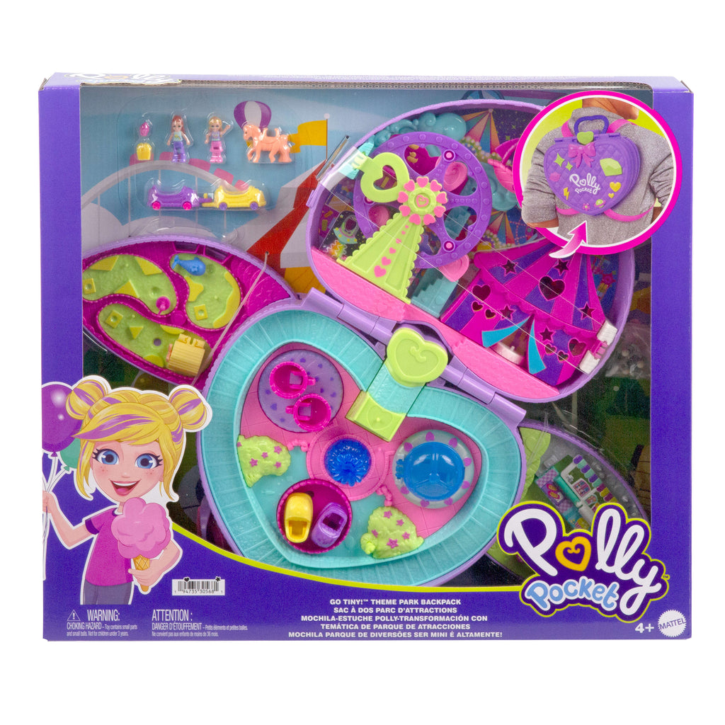 Polly Pocket bebekler ve sırt çantası şeklinde oyun seti, lunapark temasına uygun mini golf sahası, dönme dolap ve diğer oyuncaklar ile aksesuarlar
