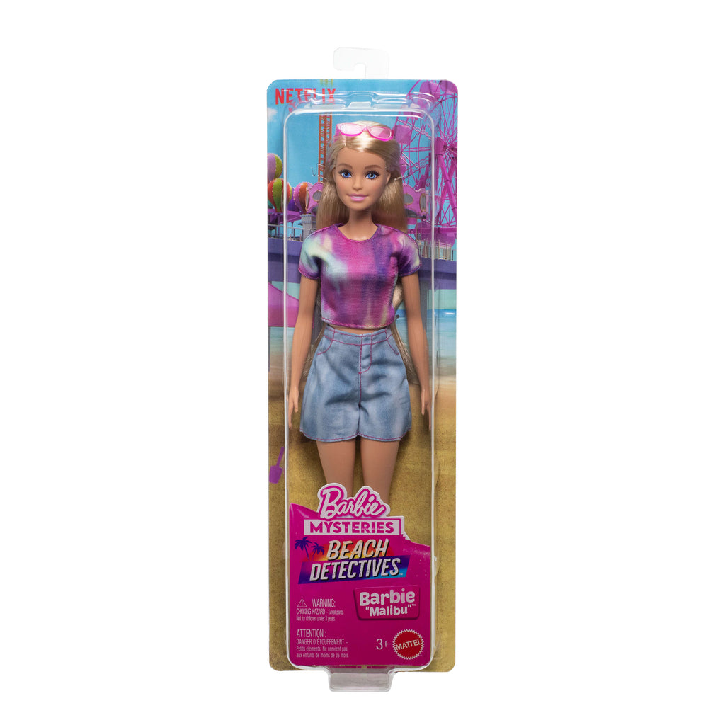 Klasik elbisesi ve aksesuarlarıyla Barbie Mysteries: Beach Detectives Barbie "Malibu" bebek