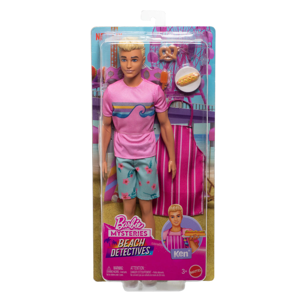 Klasik kıyafeti ve hikaye anlatımını zenginleştiren aksesuarlarıyla Barbie Mysteries: Beach Detectives Ken bebek