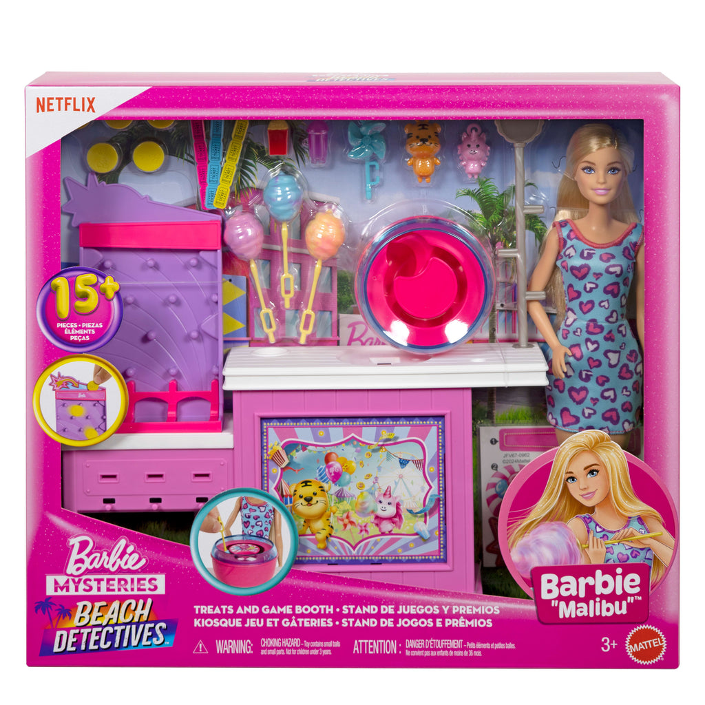 Barbie Mysteries: Beach Detectives Barbie "Malibu" bebek, pamuk şeker makinesi ve aksesuarlar ile oyun seti